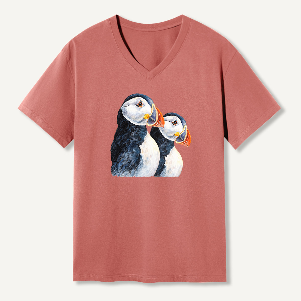 Dual Puffin Watercolor Portrait V-neck T-Shirt