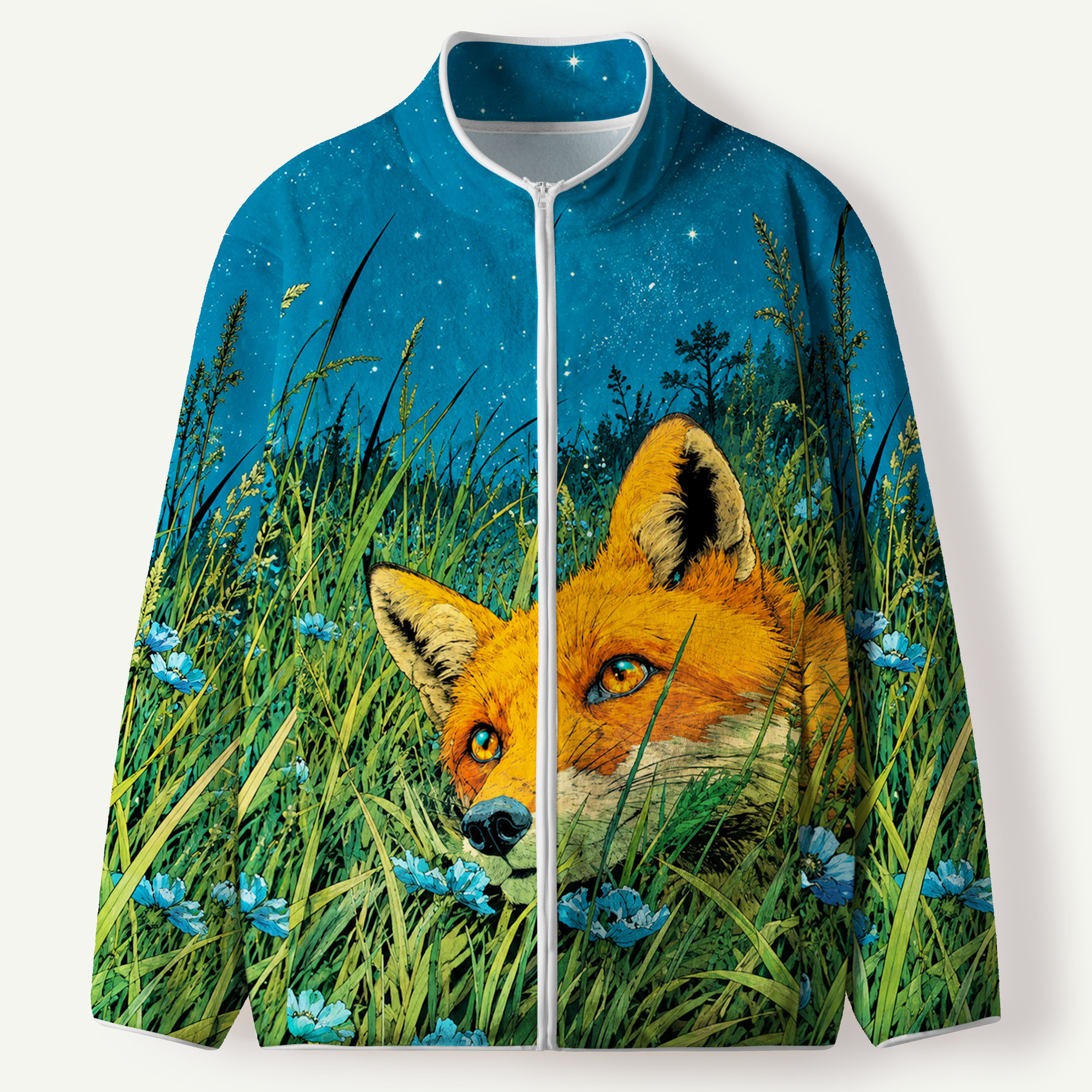 Red Fox Resting In Wildflowers Men's Flannel Zip Front Cardigan