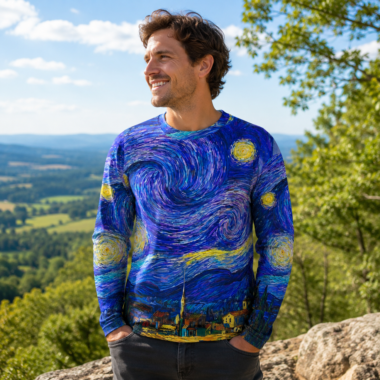 Swirling Night Sky Village Landscape Premium Eco Long Sleeves