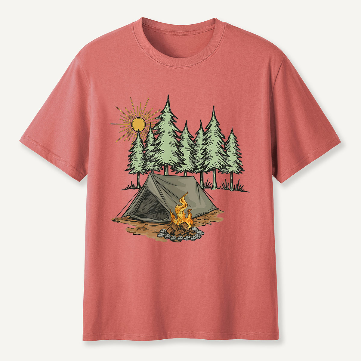 Sunny Forest Tent Campfire Illustration T-Shirt