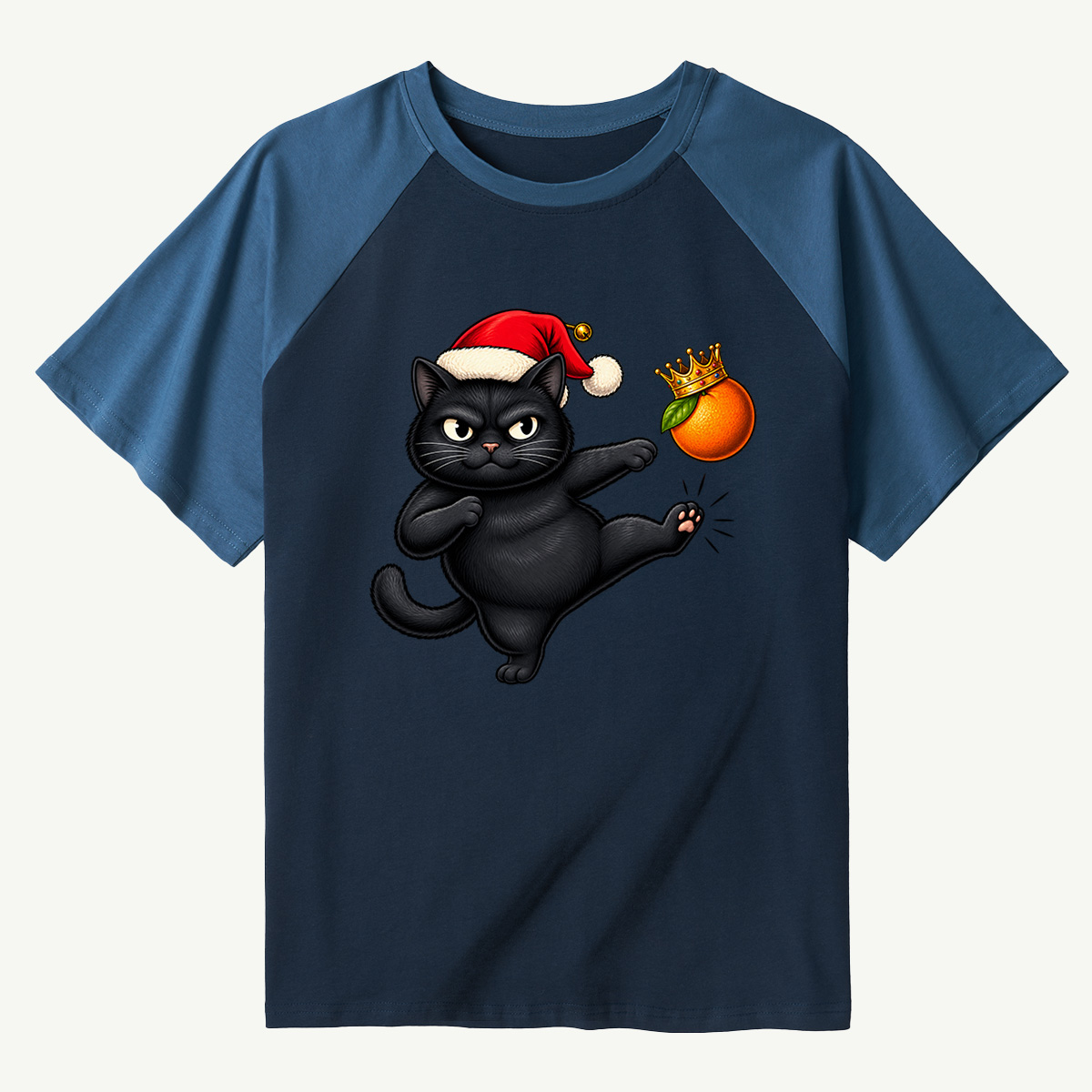 Santa Black Cat Kicking A Crowned Orange Raglan T-Shirt