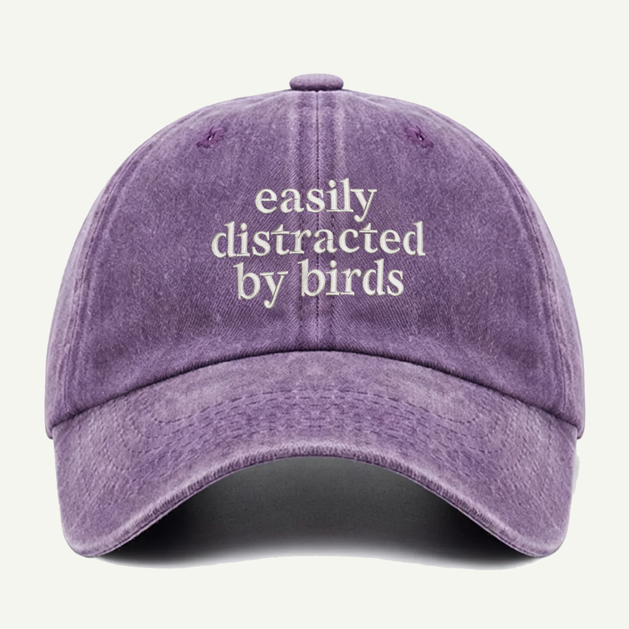 Easily Distracted By Birds Script Washed Embroidered Hat