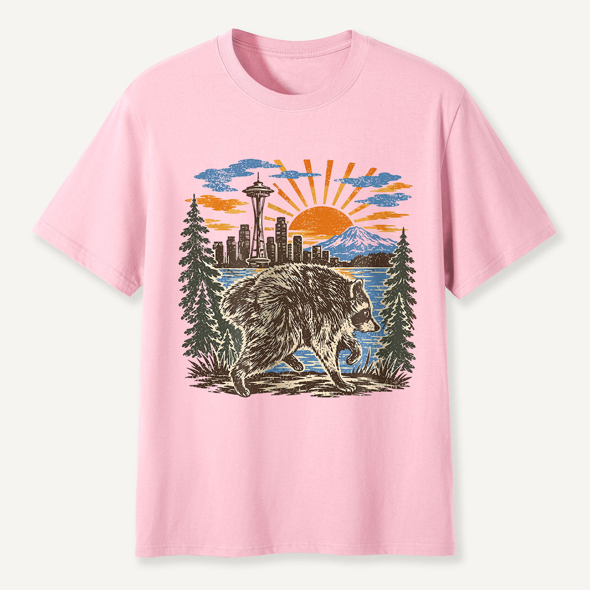 Jimothy Seattle Skyline Sunset Raccoon T-Shirt