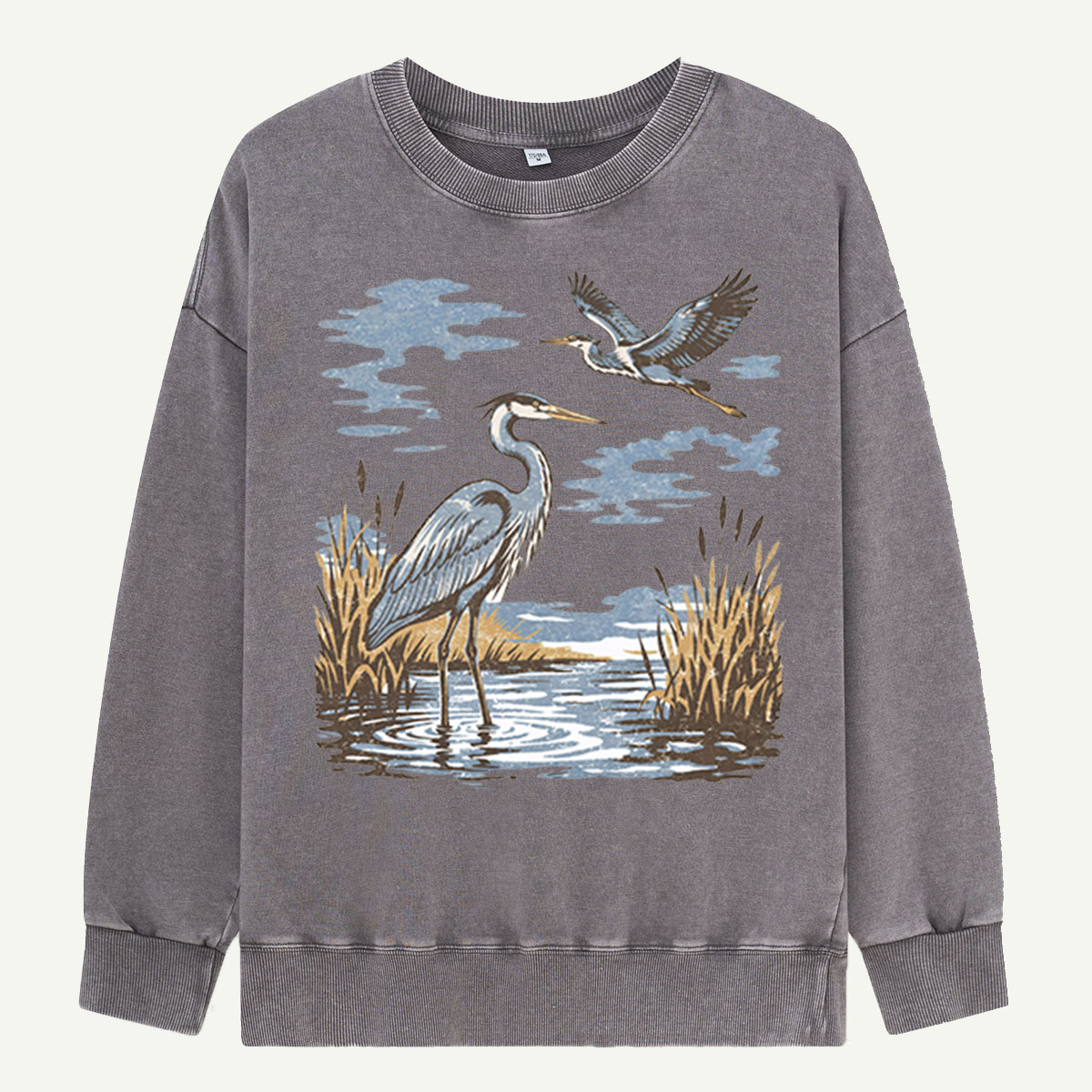 Vintage Heron Wetland Bird Nature Washed Sweatshirts