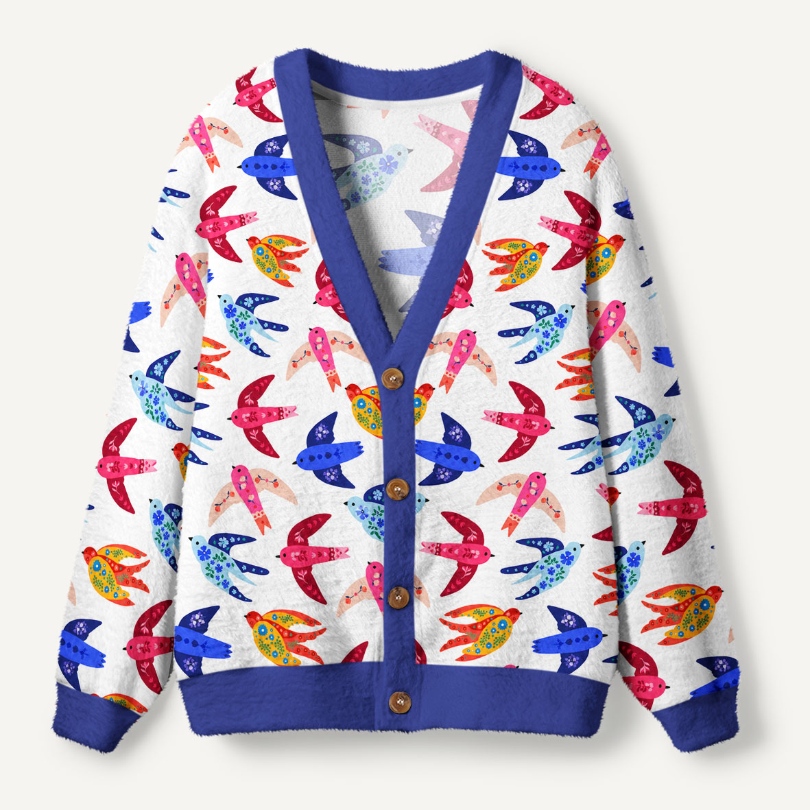 Five Colorful Floral Swallows In Folk Art Style Ugly Cardigan Sweaters