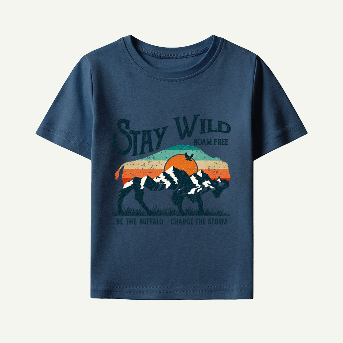 Stay Wild Roam Free Be The Buffalo Charge The Storm Vintage Buffalo Landscape Kids T-Shirt