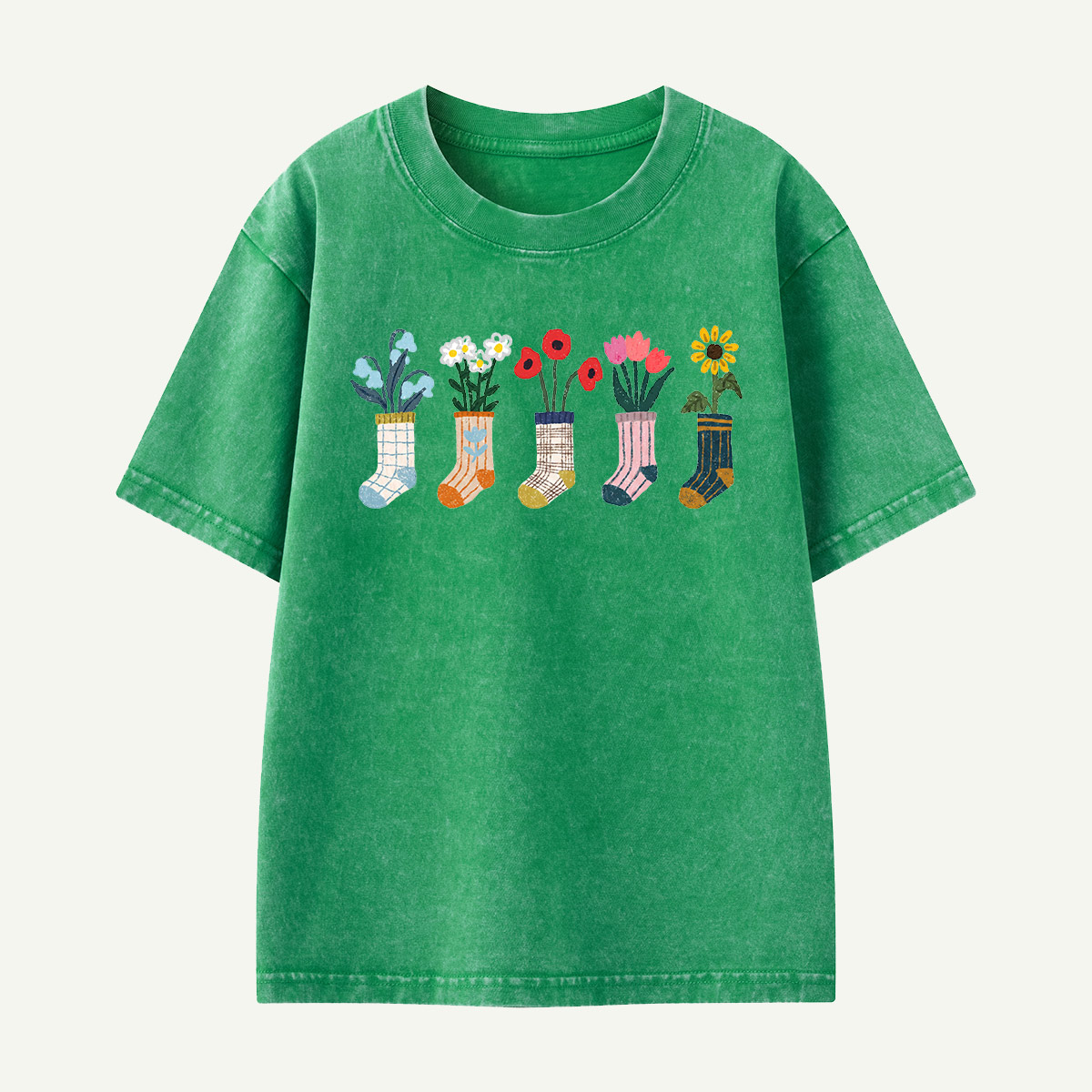 Sock Flower Garden Mint Kids Washed T-Shirt