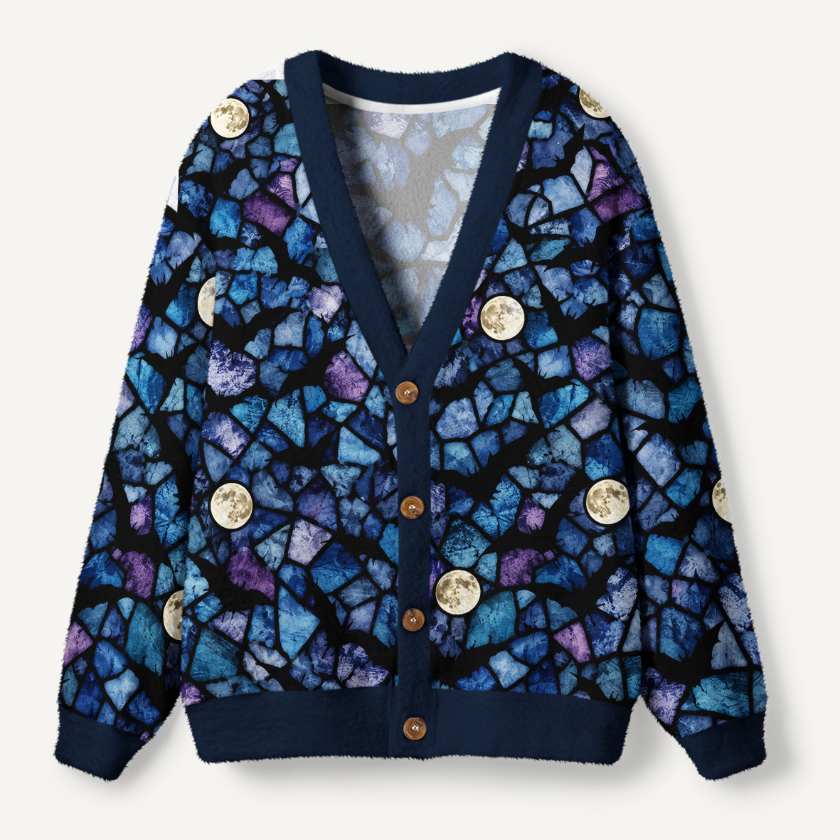 Moonlit Bats In Blue And Purple Mosaic Sky Ugly Cardigan Sweaters