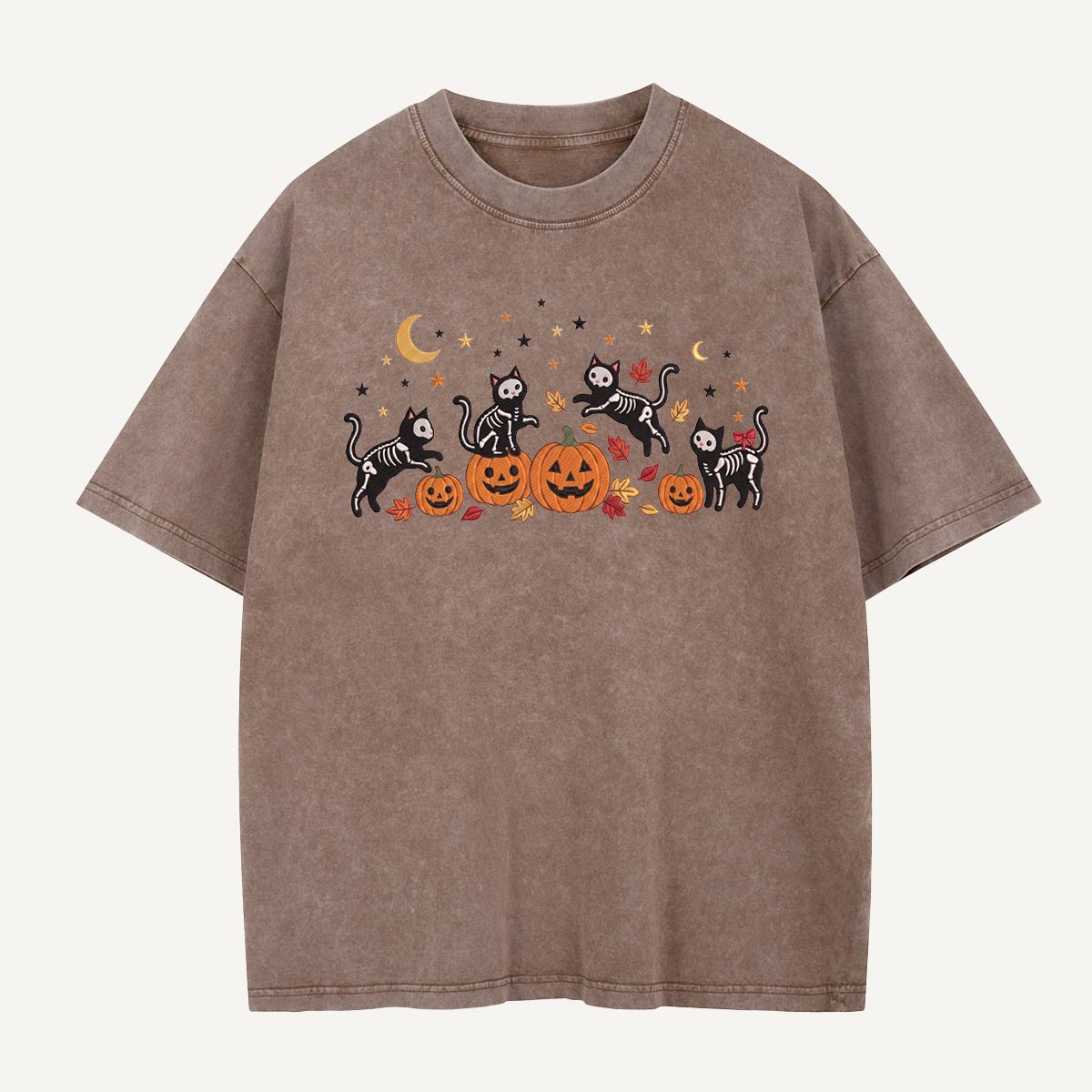 Skeleton Cats Pumpkin Party Washed T-Shirt