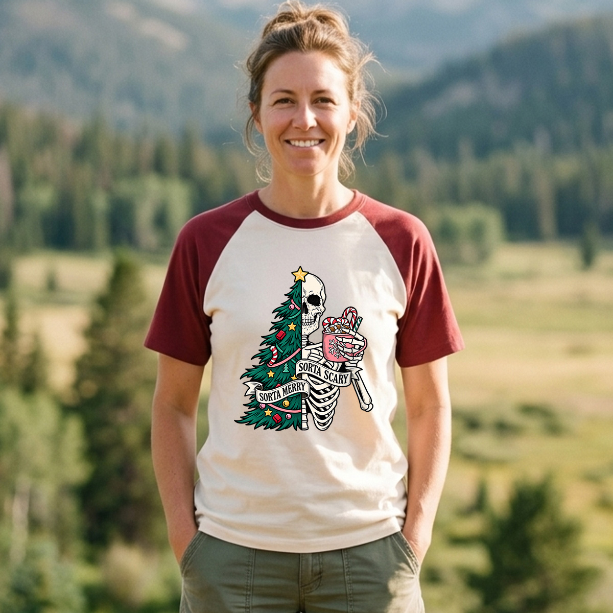 Sorta Merry Sorta Scary Half Skull Christmas Tree Raglan T-Shirt