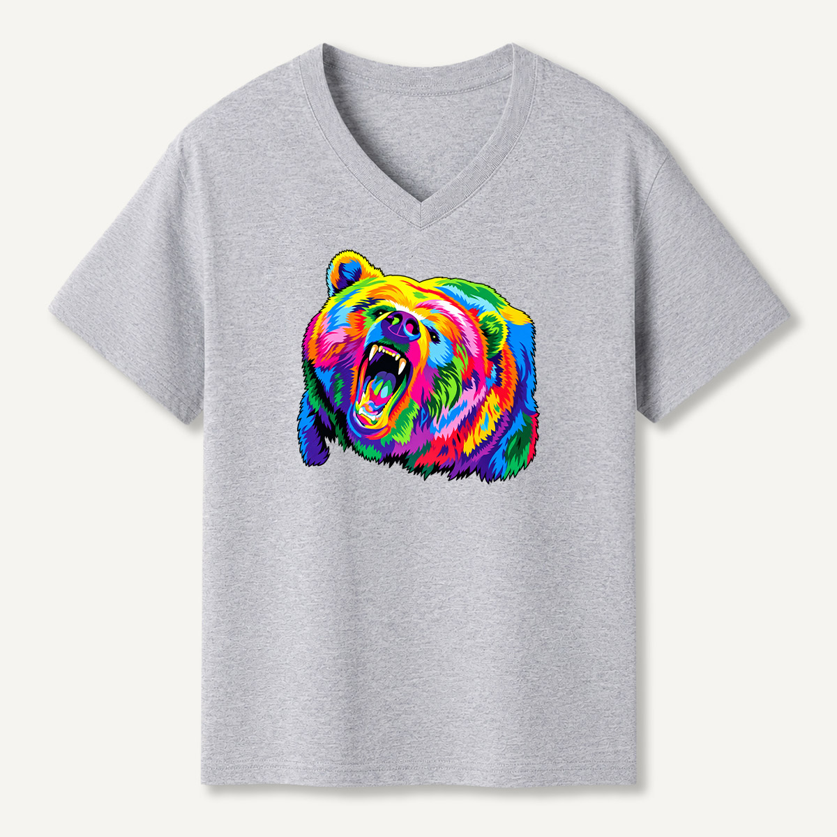 Neon Roaring Bear Portrait V-neck T-Shirt