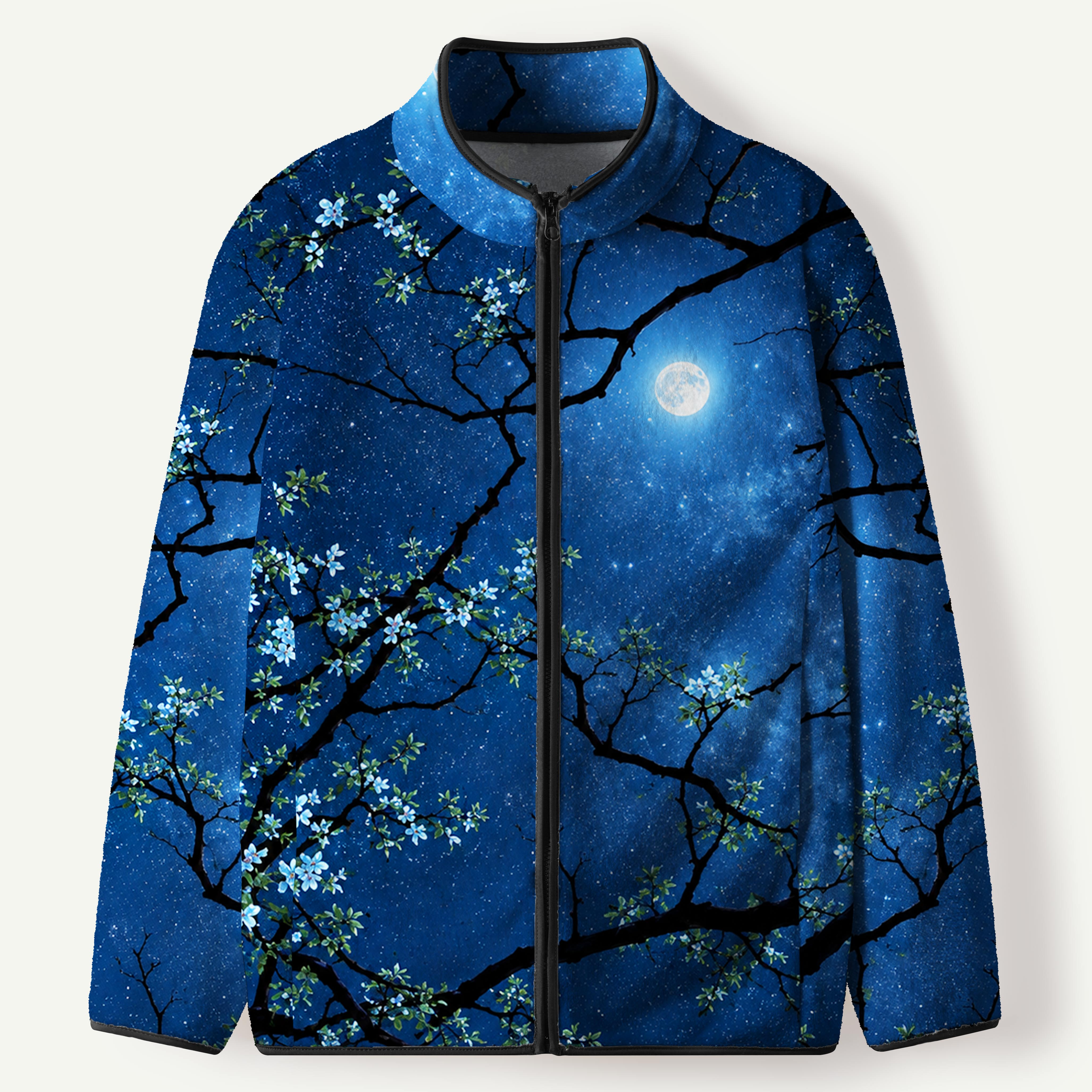 Moonlit Blossom Branches Men's Flannel Zip Front Cardigan