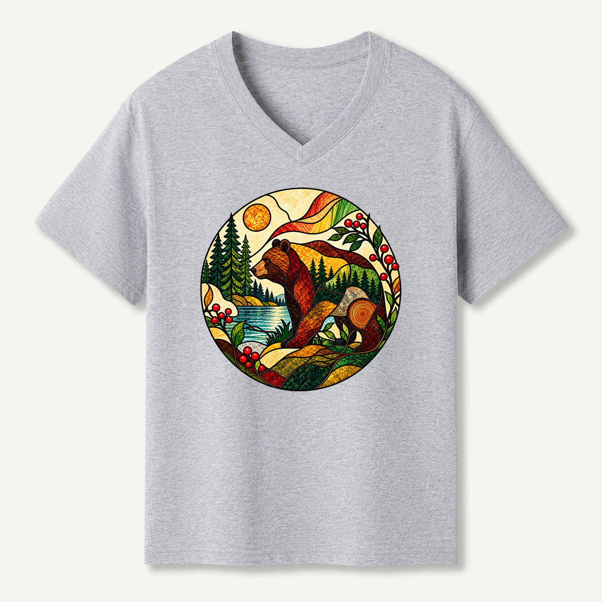 Brown Bear Autumn Forest Lake Mosaic Art V-neck T-Shirt