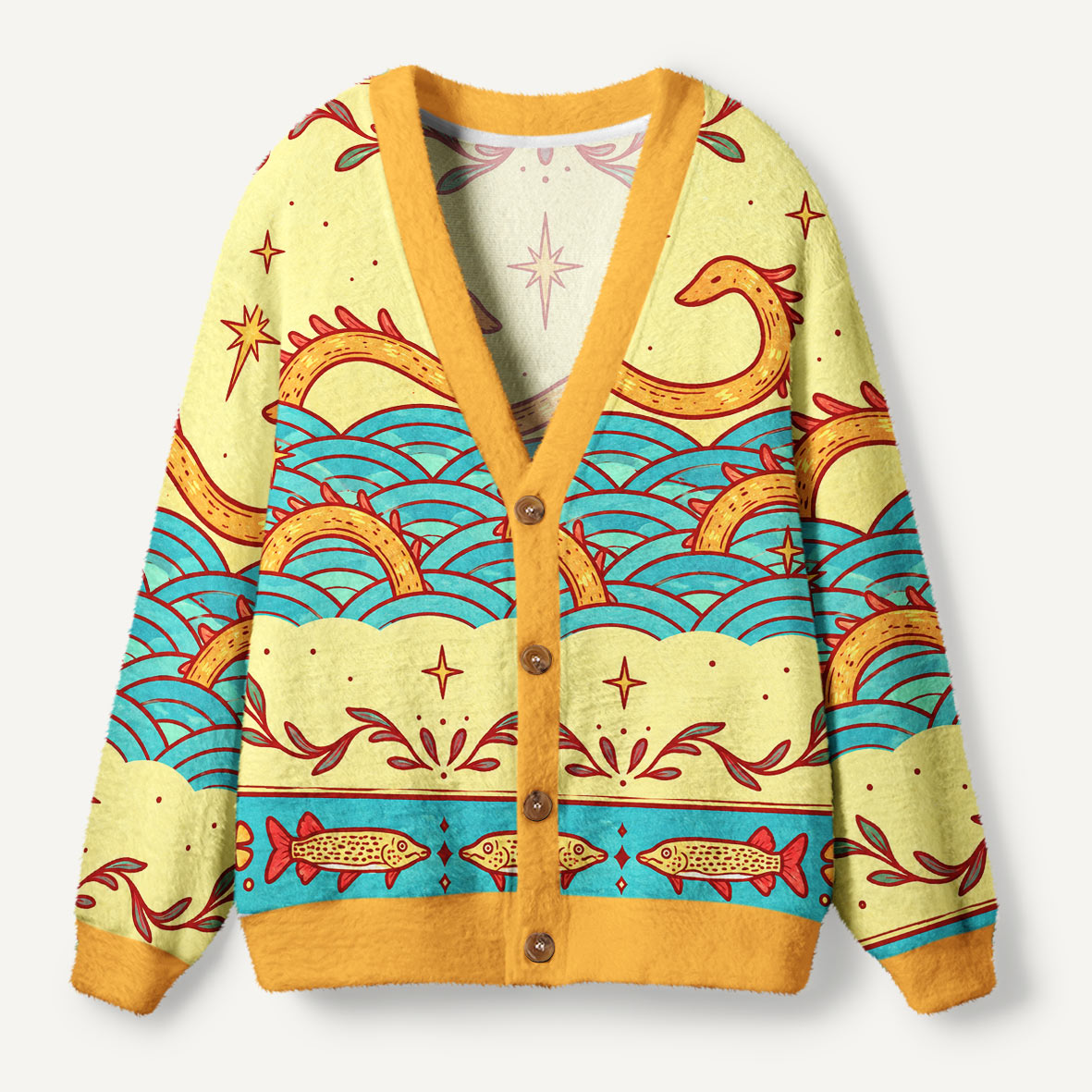 Vintage Sea Serpent And Fish Folk Art Ocean Waves Ugly Cardigan Sweaters