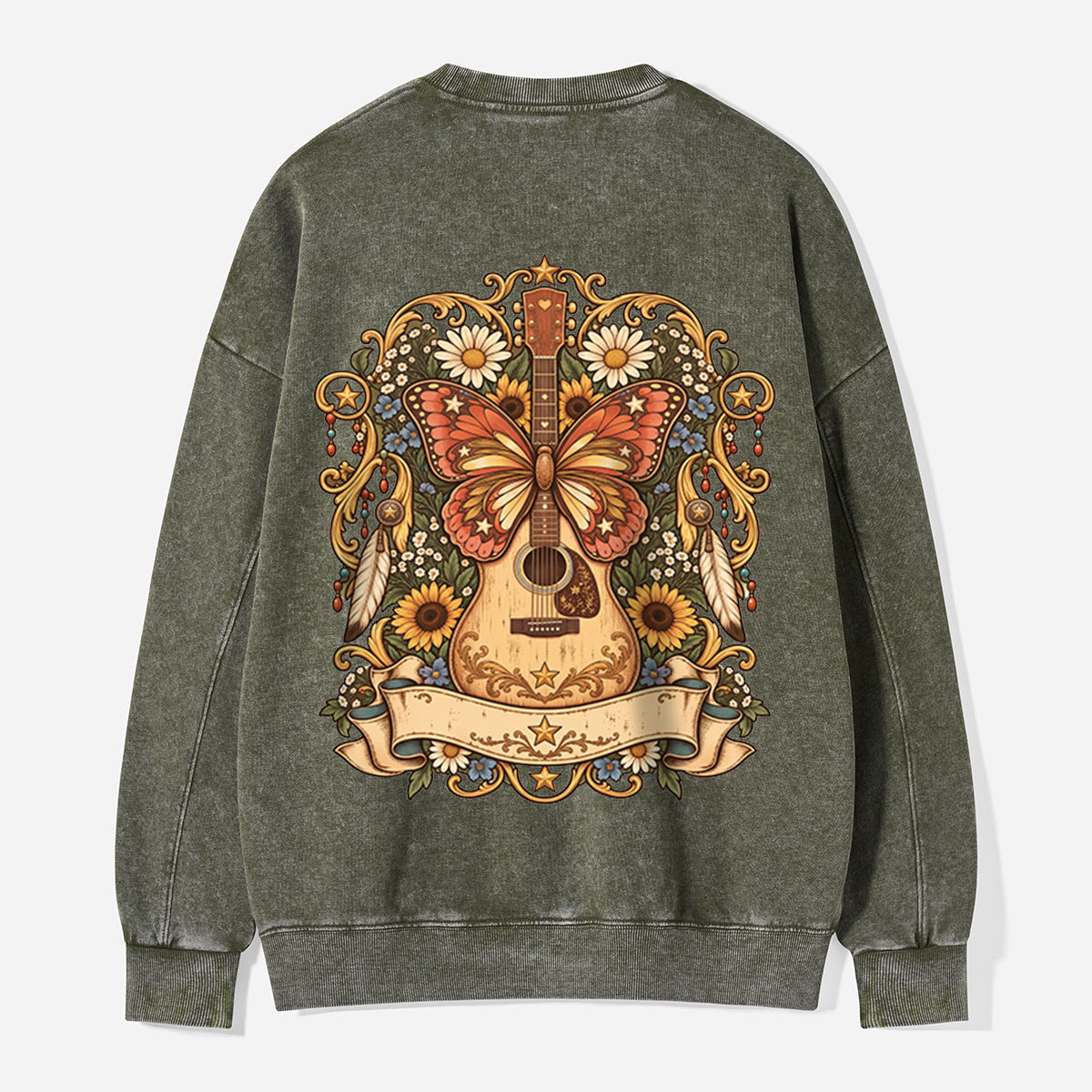 Butterfly Guitar Floral Boho Illustration Washed Sweatshirts