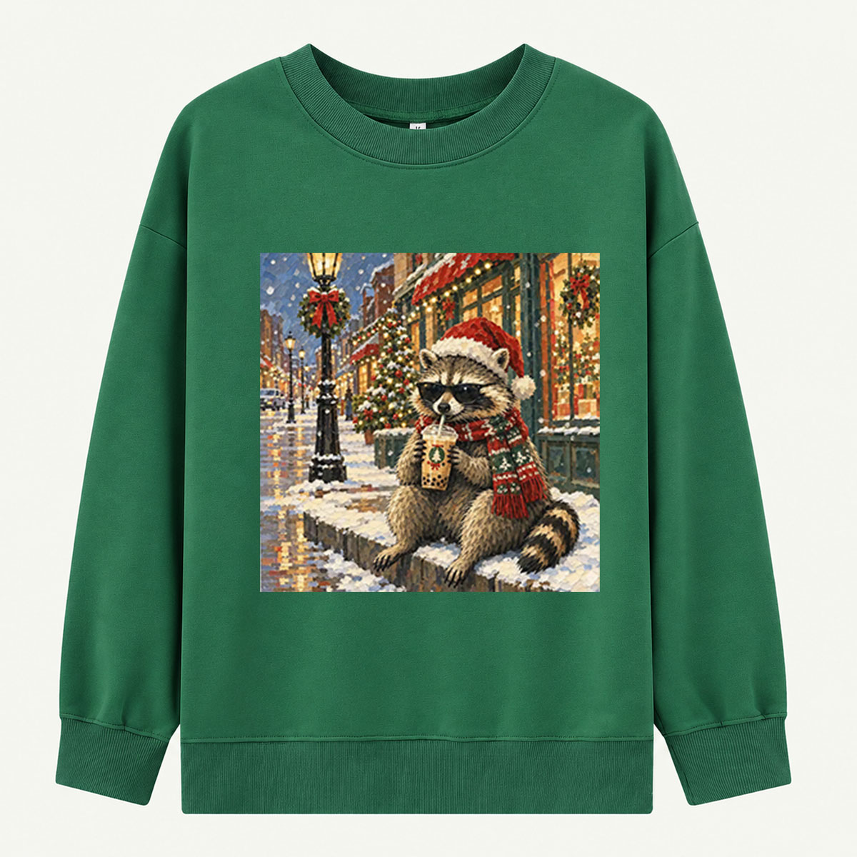Cool Christmas Raccoon Drinking Boba On A Snowy Street Sweatshirts