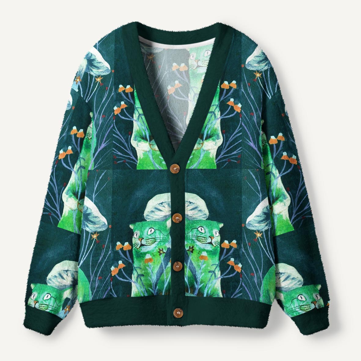Green Cat Wearing A Mushroom Hat In Magical Flower Garden Ugly Cardigan Sweaters