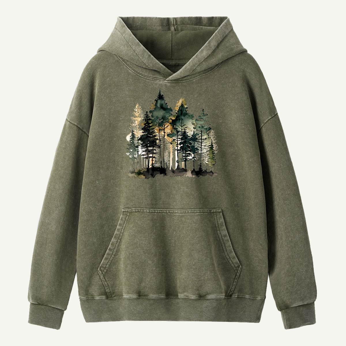 Watercolor Pine Forest Landscape Washed Hoodie
