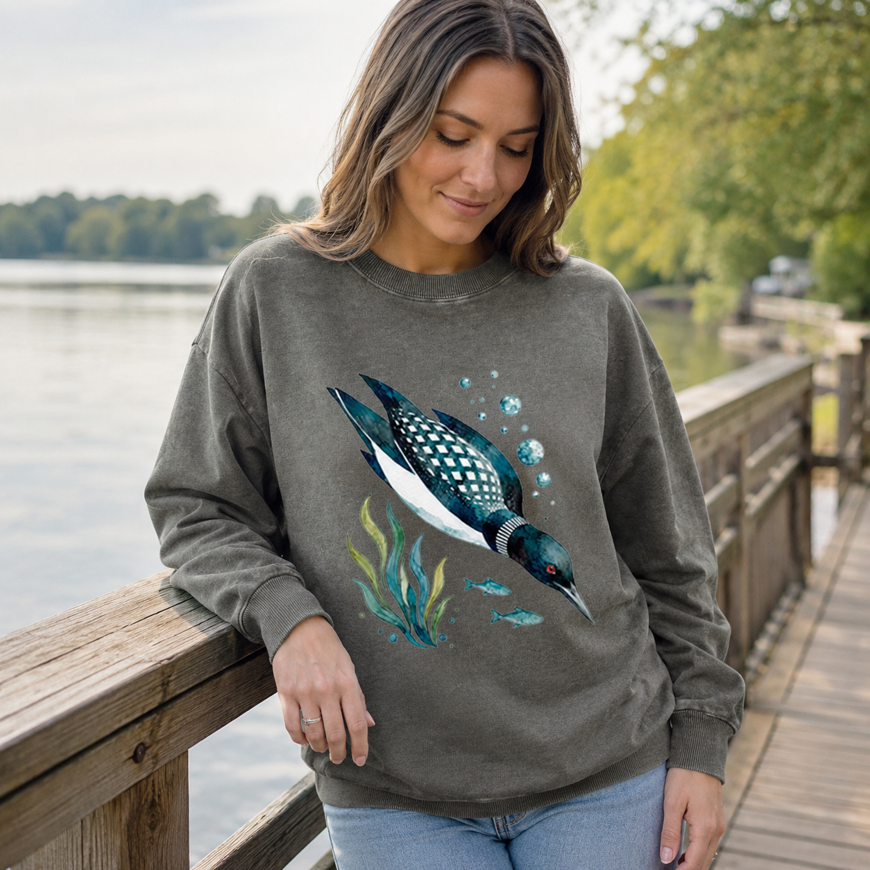 Loon Goes Fishing Washed Sweatshirts
