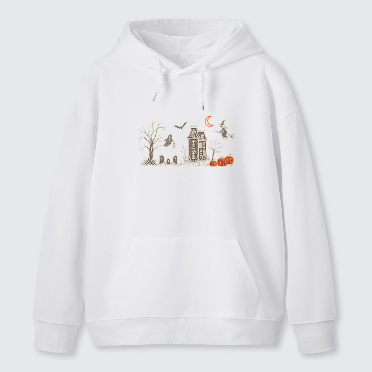 Haunted House Line Art Embroidered Cotton Hoodie