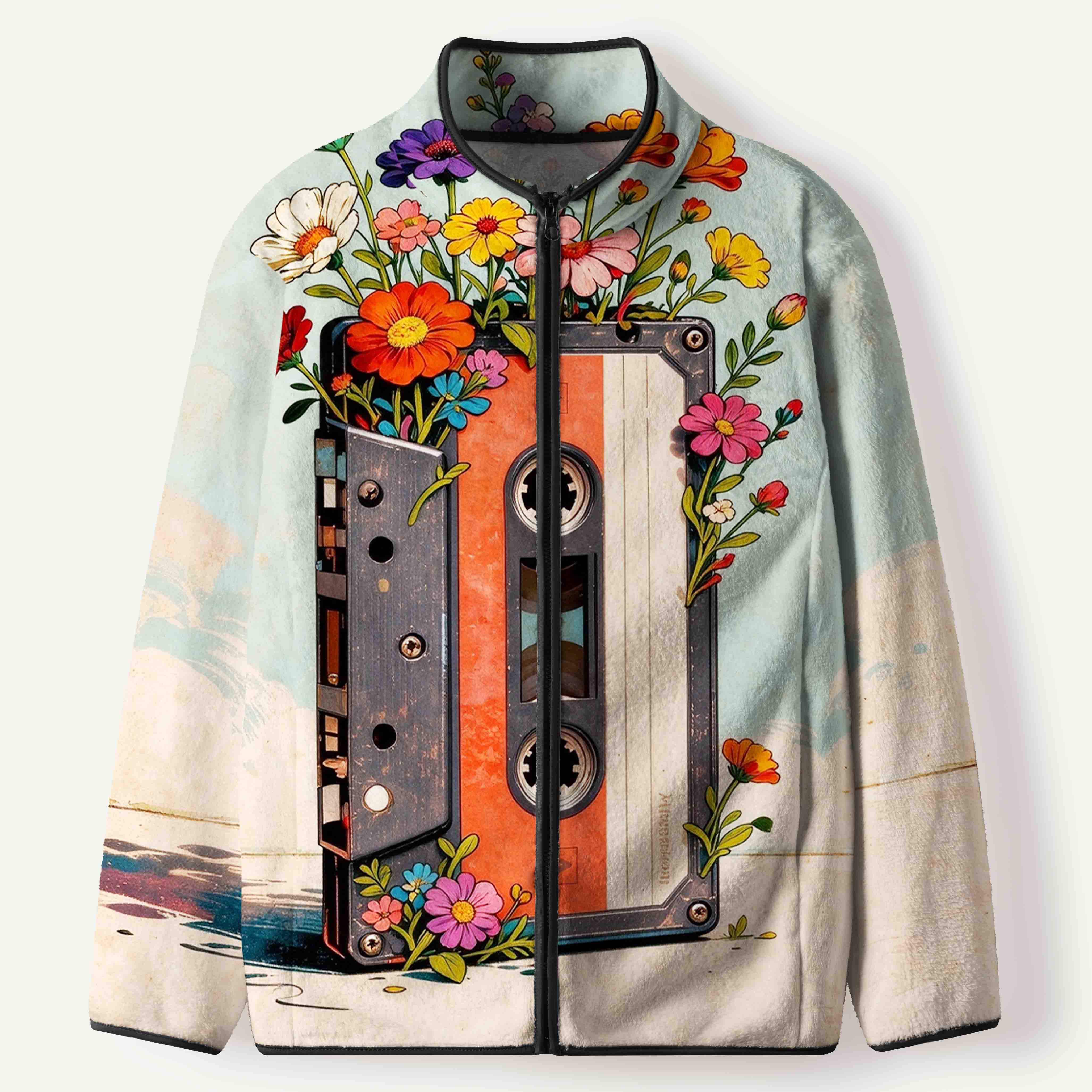 Vintage Cassette Flower Garden Women's Flannel Zip Front Cardigan