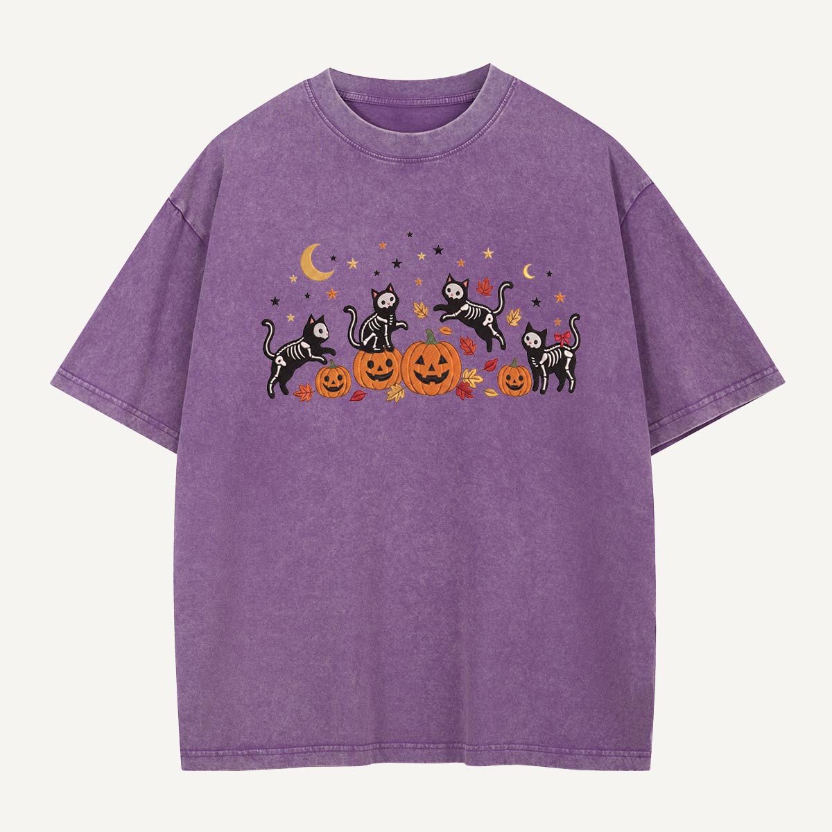 Skeleton Cats Pumpkin Party Washed T-Shirt
