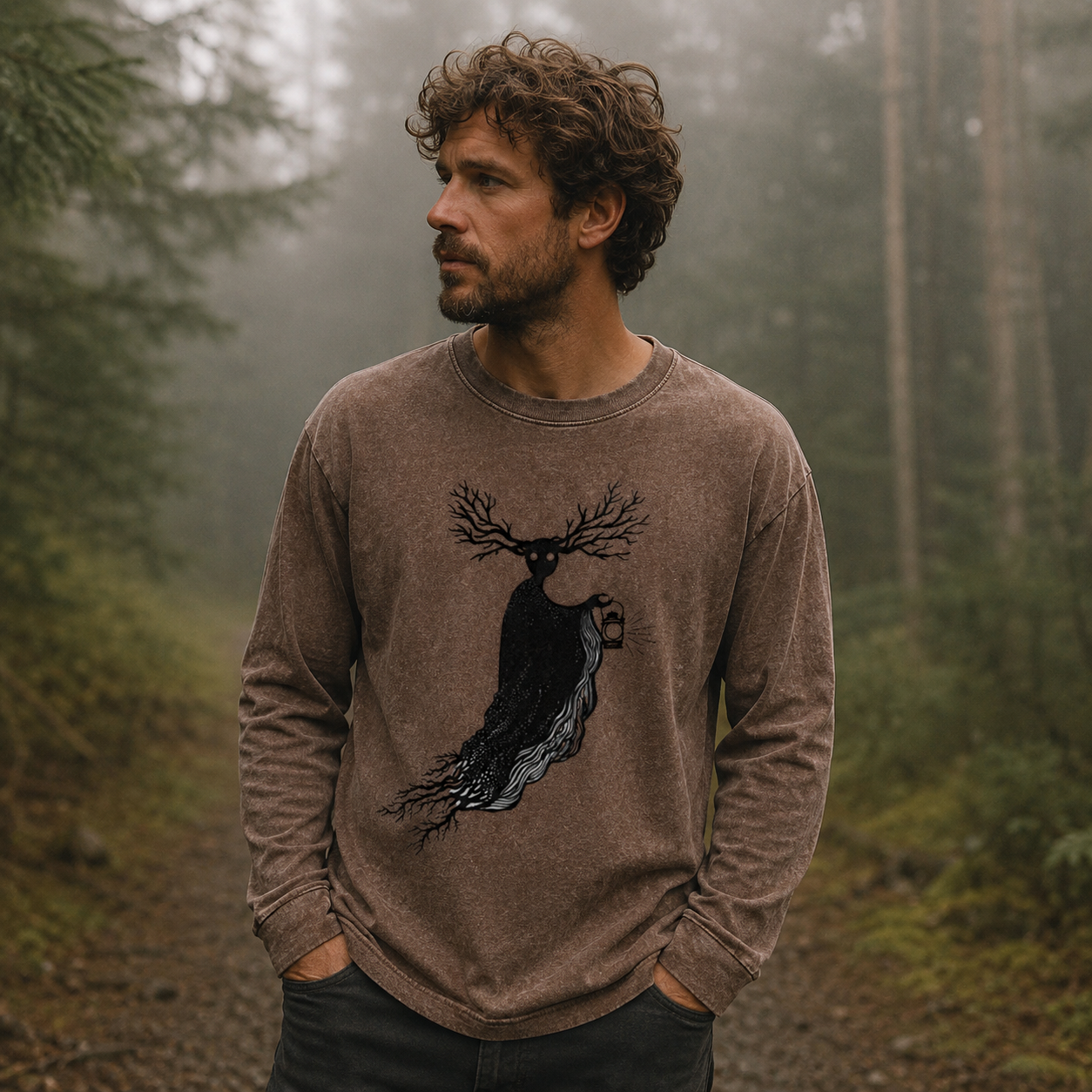 Lantern Stag of the Dark Woods Washed Long‑sleeve