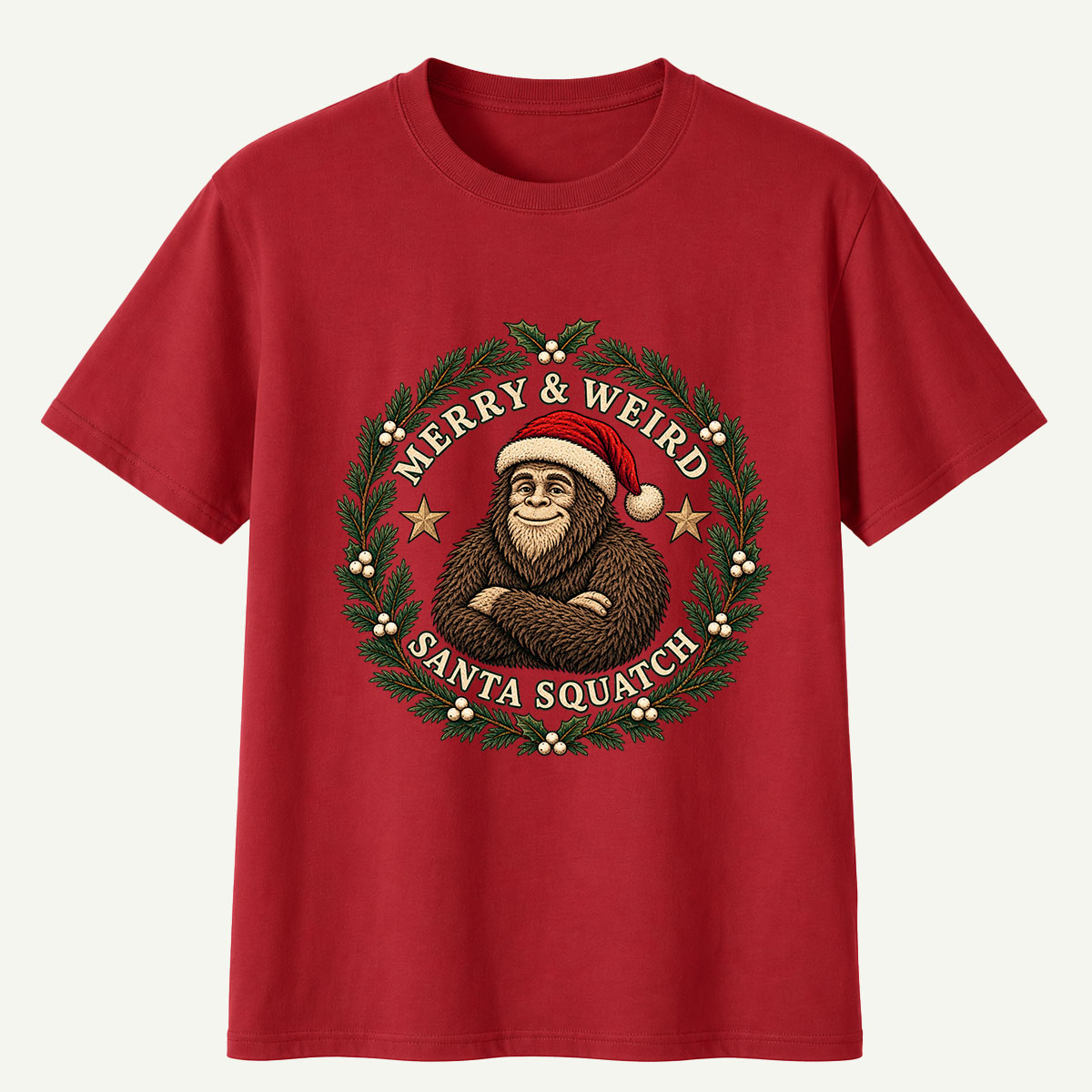 Merry And Weird Santa Squatch Christmas Wreath T-Shirt