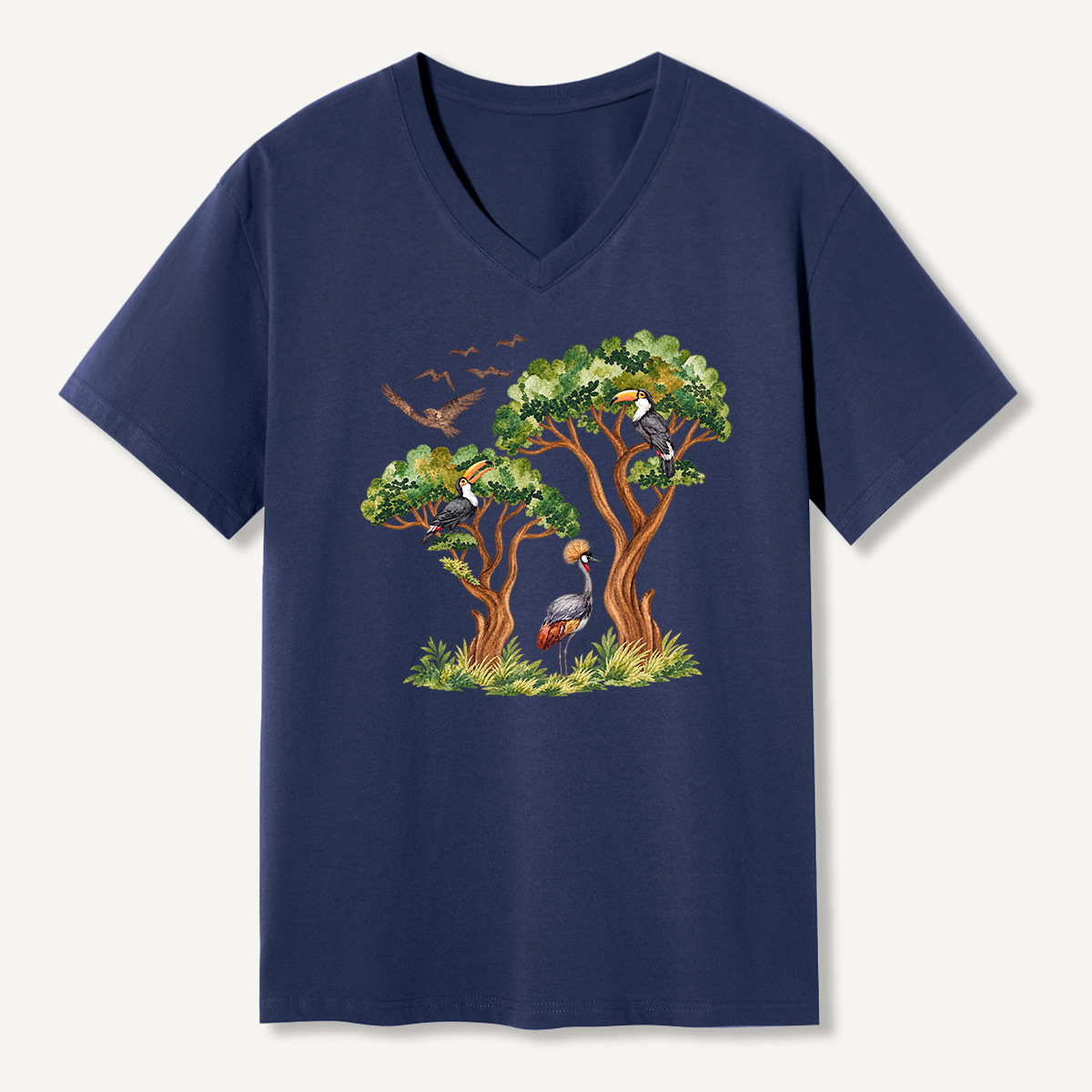 Tropical Toucan And Crowned Crane Forest V-neck T-Shirt