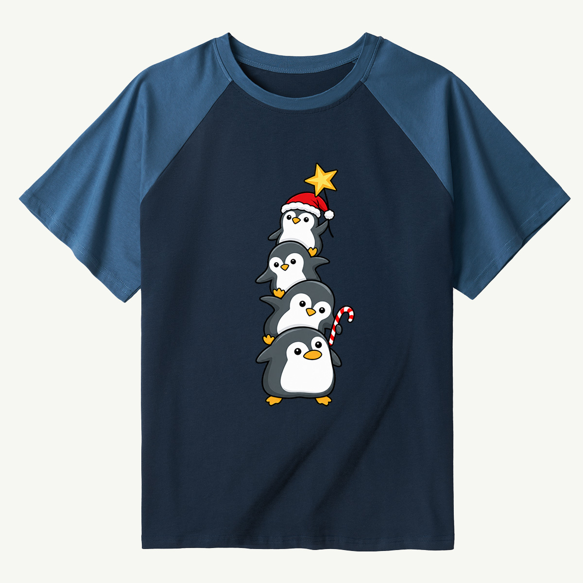 Four Cute Penguins Stacked As A Christmas Tree Raglan T-Shirt
