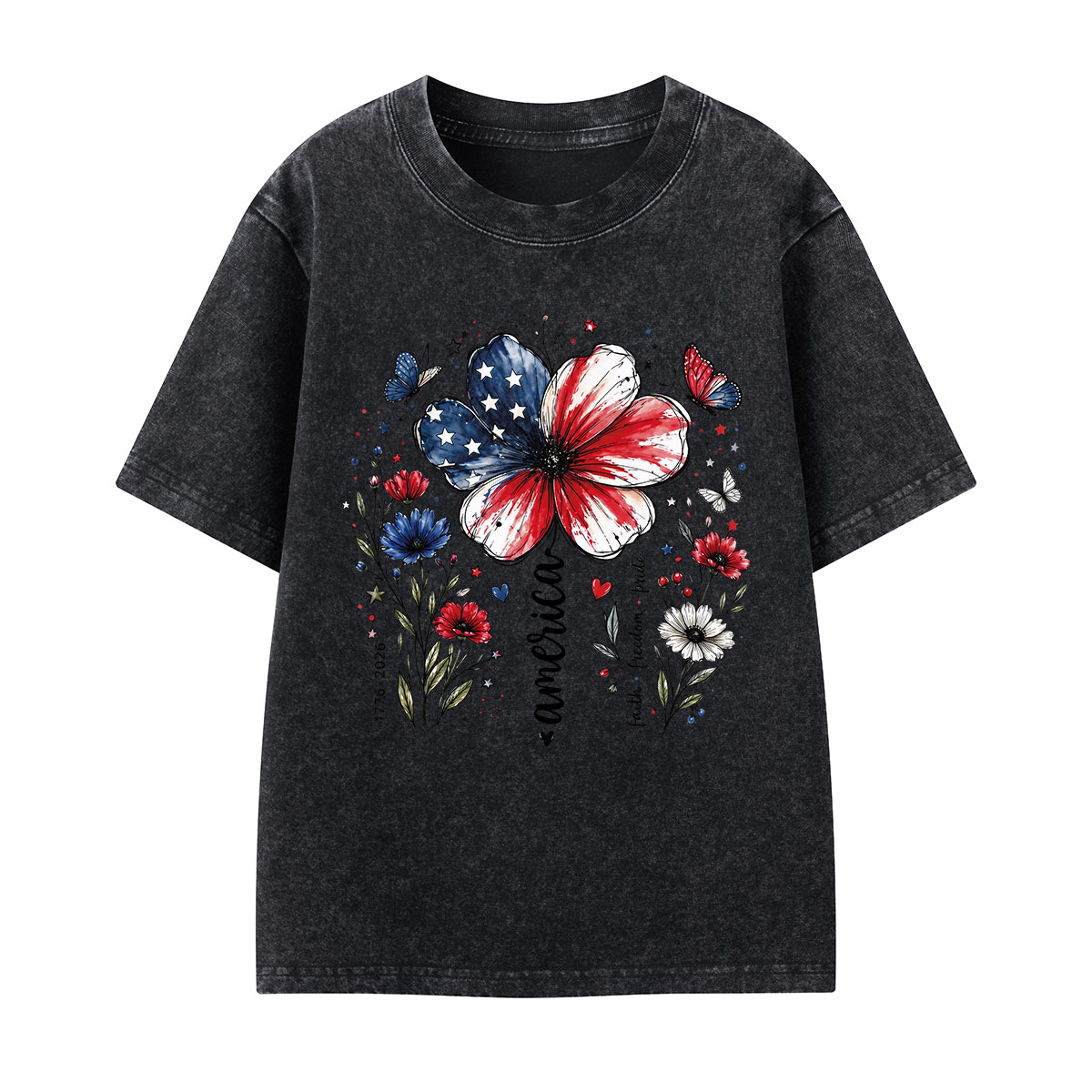 USA 250th Anniversary Floral Kids Washed T-Shirt
