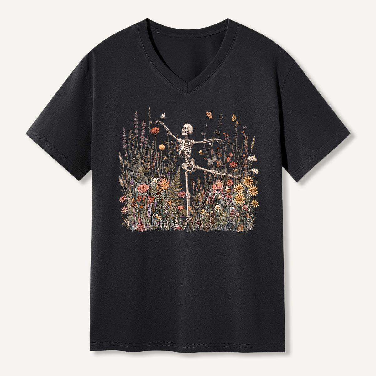 Dancing Skeleton Wildflower Garden V-neck T-Shirt