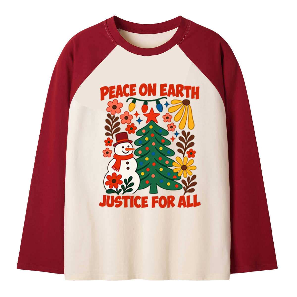 Peace On Earth Justice For All Retro Floral Snowman Christmas Tree Raglan Long Sleeves