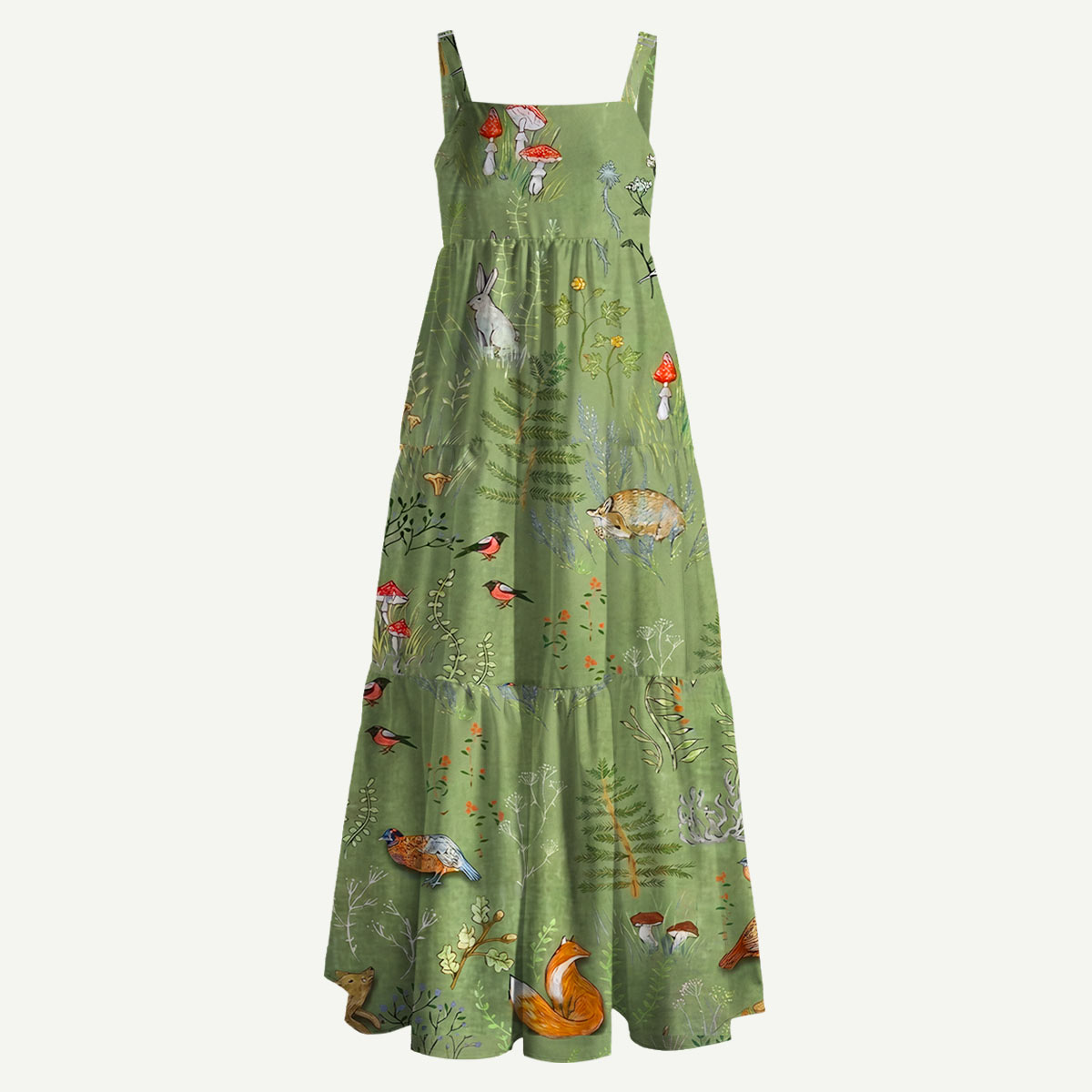 Woodland Animals and Mushrooms Straps Maxi Dress With Pockets