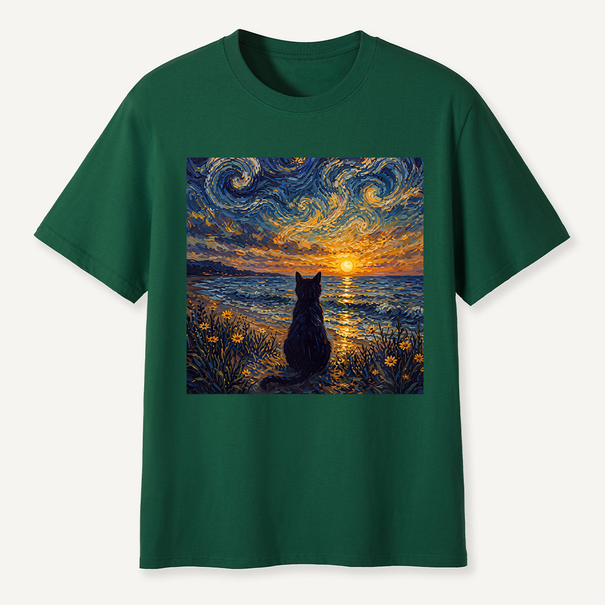 Starry Night Sunset Cat Seaside T-Shirt