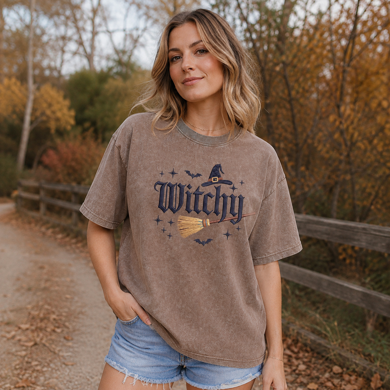Witchy Nights & Bat Flights Embroidered Washed T-Shirt