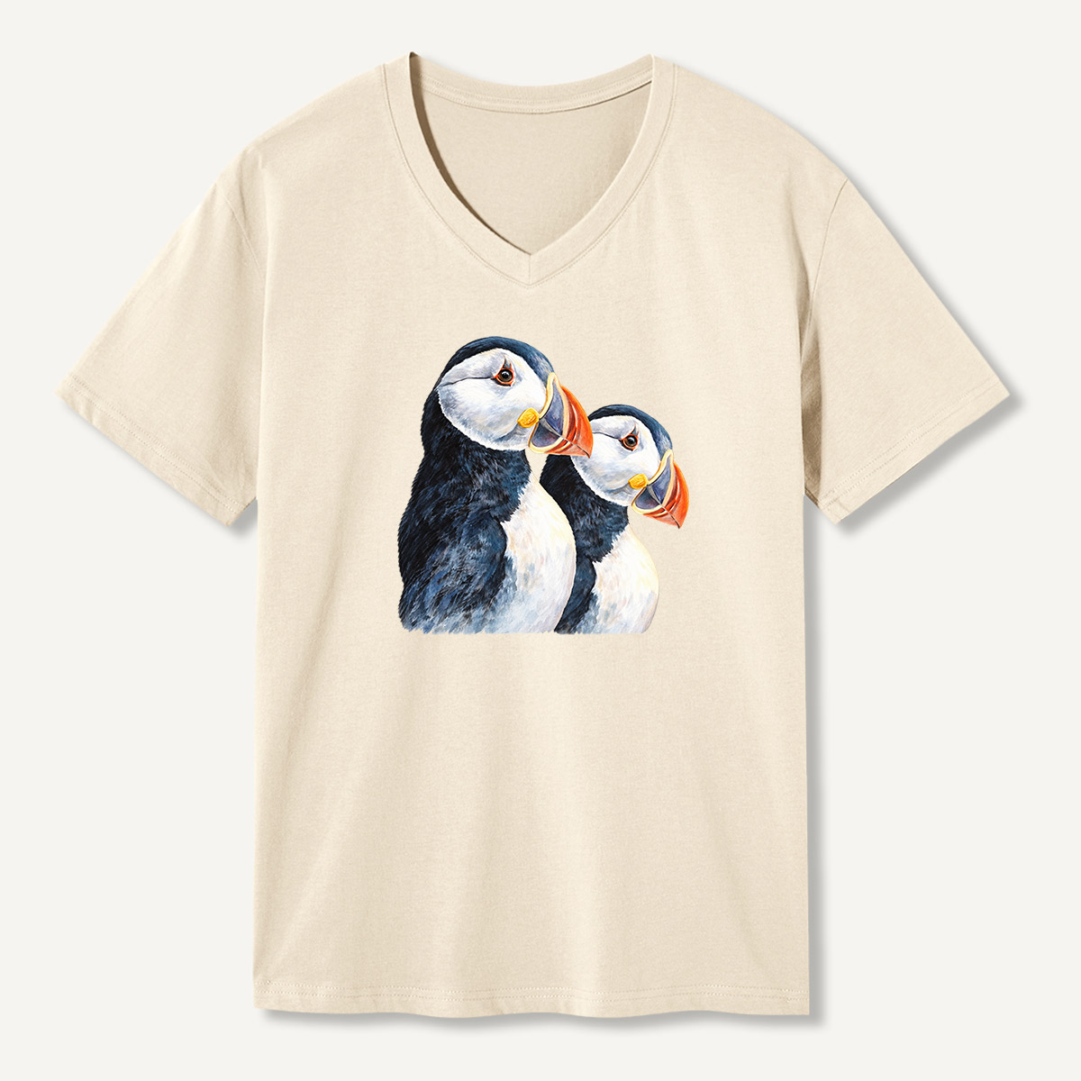 Dual Puffin Watercolor Portrait V-neck T-Shirt