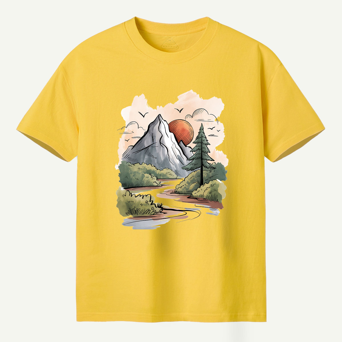 Mountain River Sunset Watercolor Landscape T-Shirt