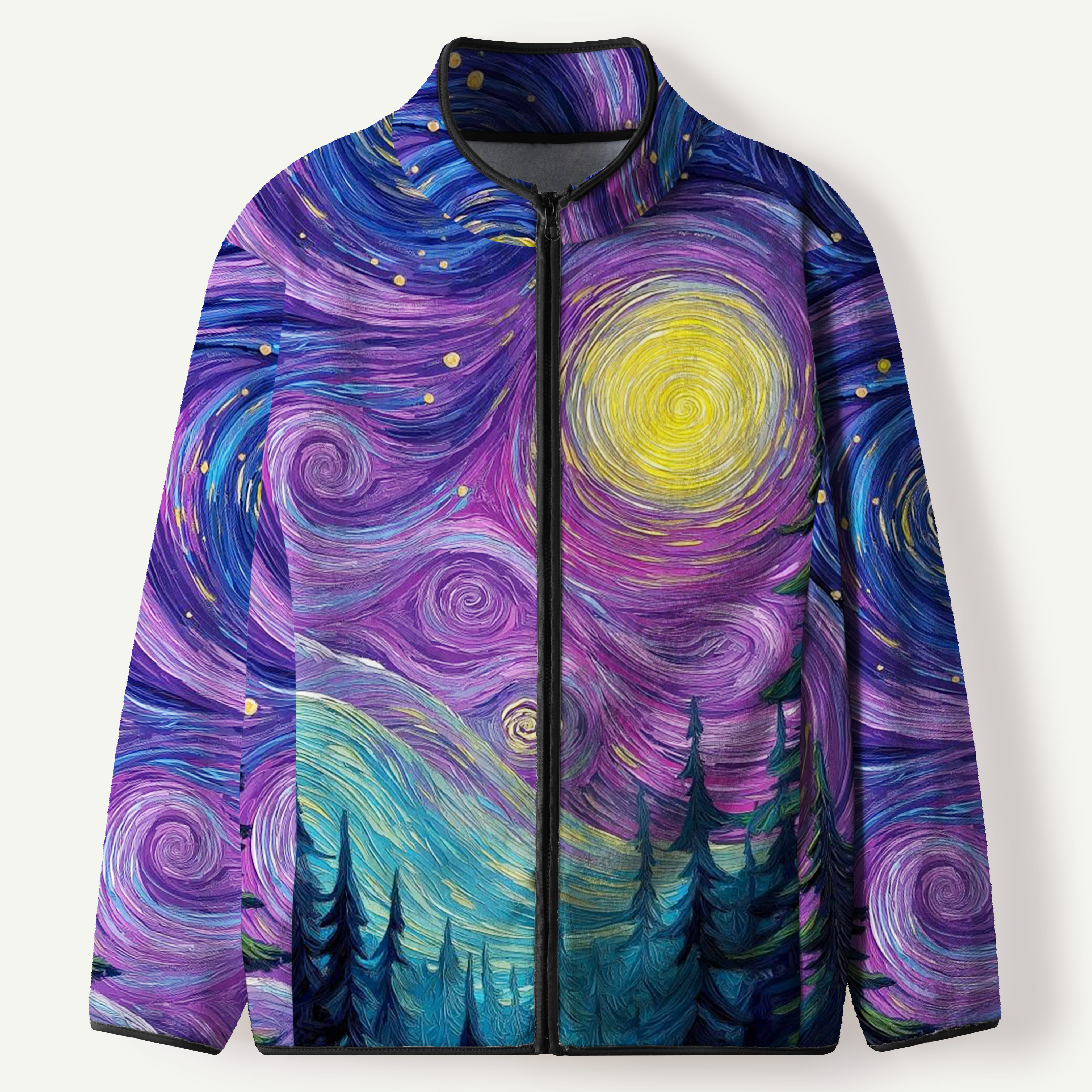 Purple Starry Night Pine Forest Women's Flannel Zip Front Cardigan