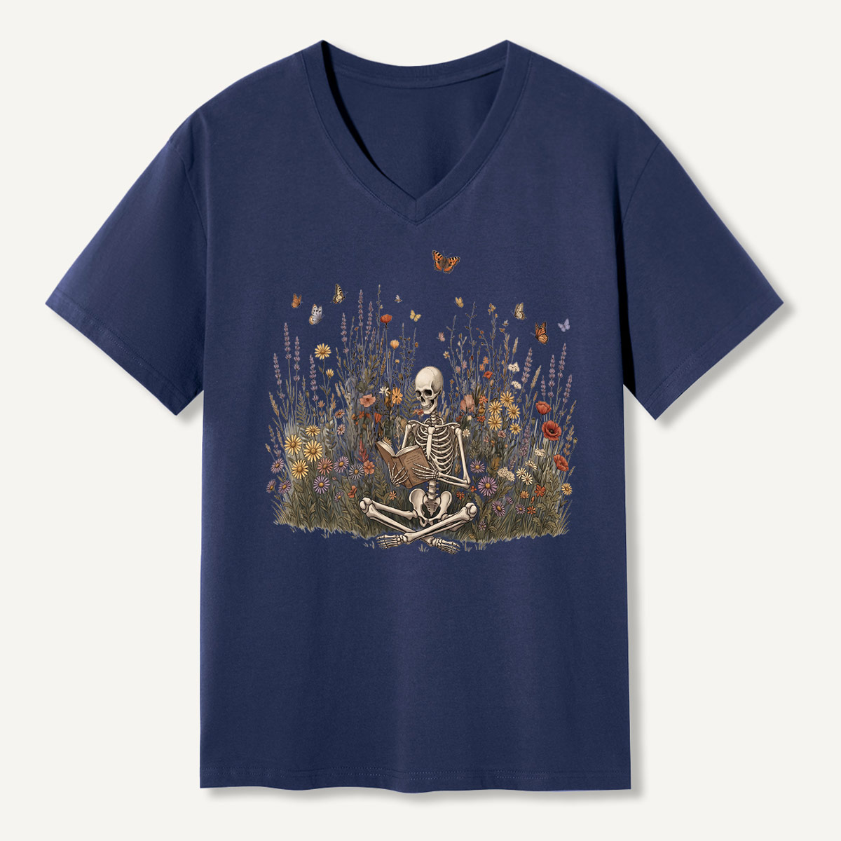 Skeleton Meditation Wildflower Garden V-neck T-Shirt