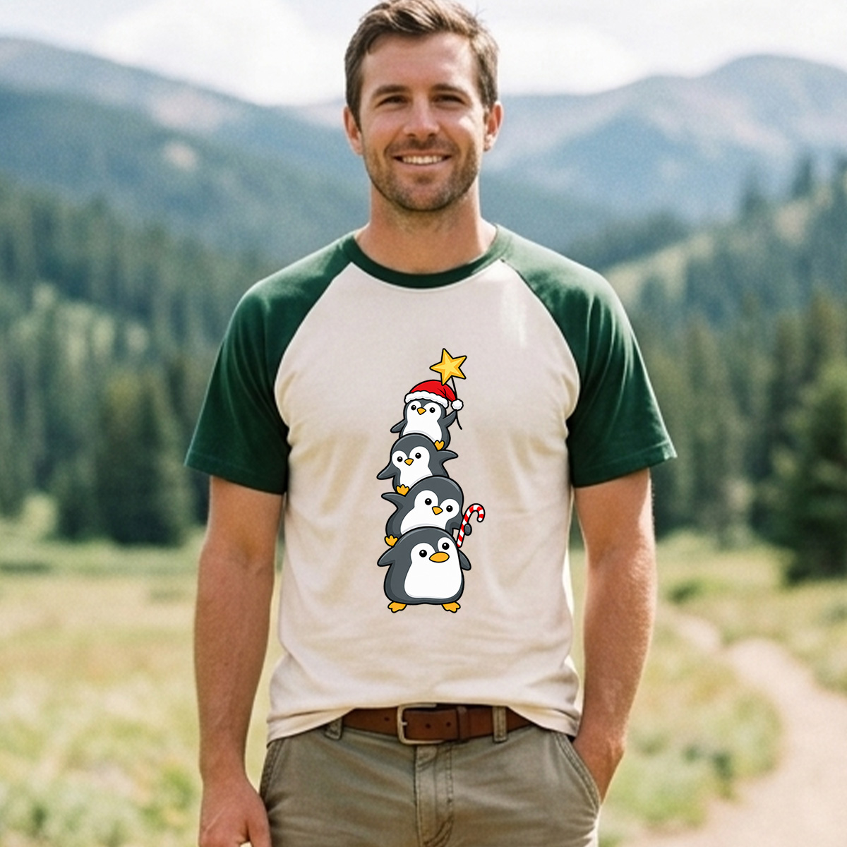 Four Cute Penguins Stacked As A Christmas Tree Raglan T-Shirt