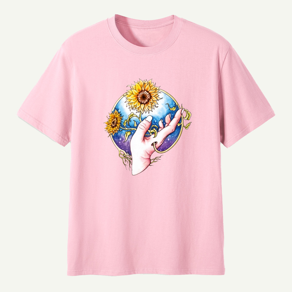 Sunflower Hand Galaxy Botanical Illustration T-Shirt