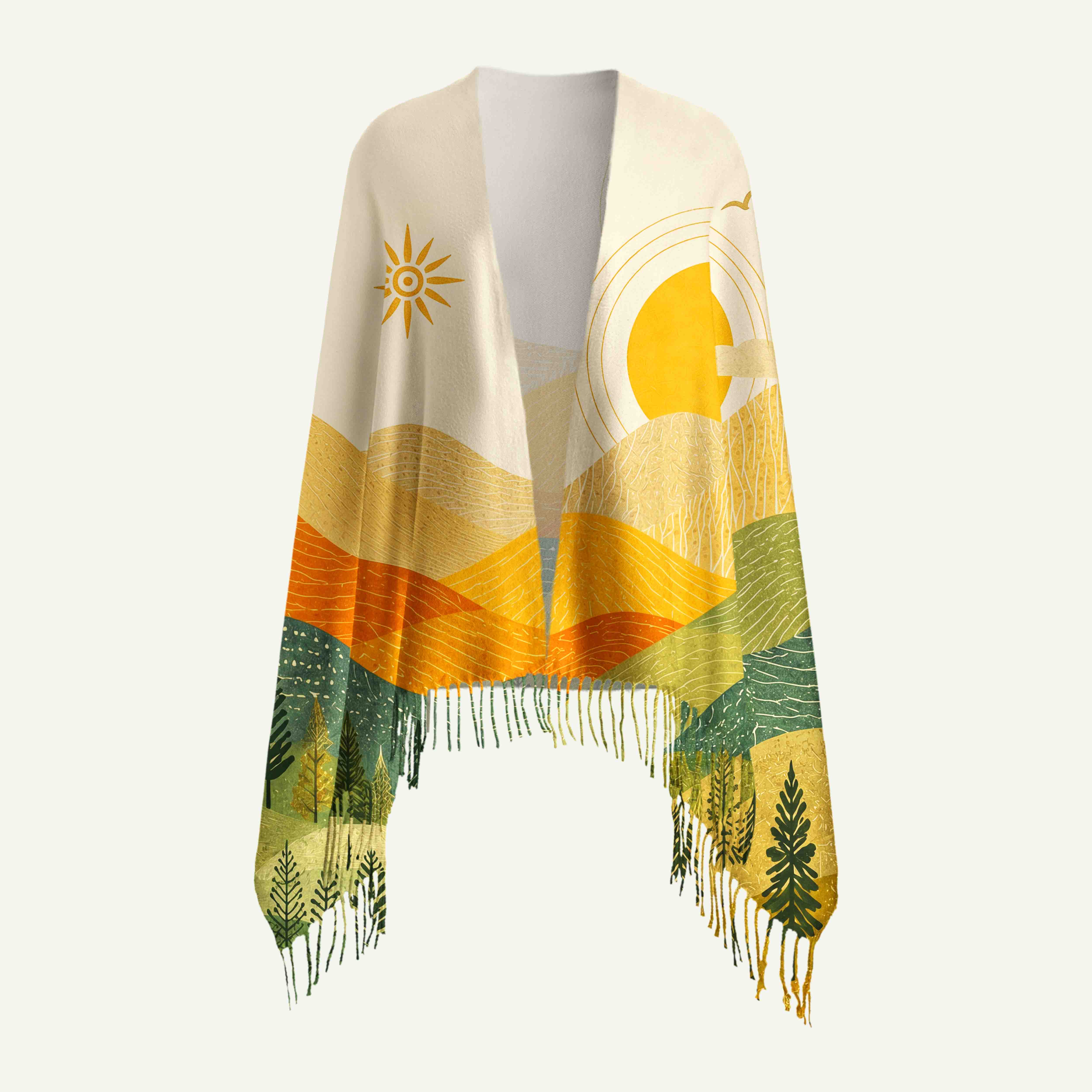 Layered Mountain Long Cashmere Scarf with Tassels