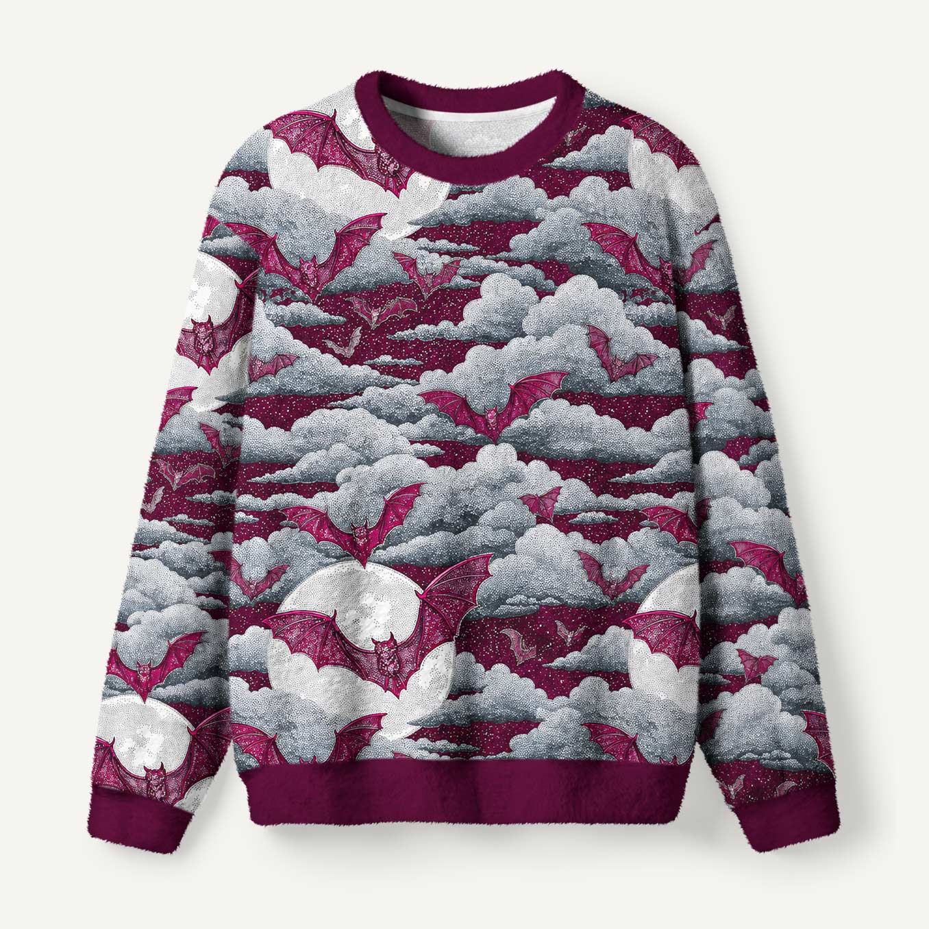 Purple Bats Flying Across Full Moon Gothic Night Sky Ugly Fuzzy Fleece Sweatshirt