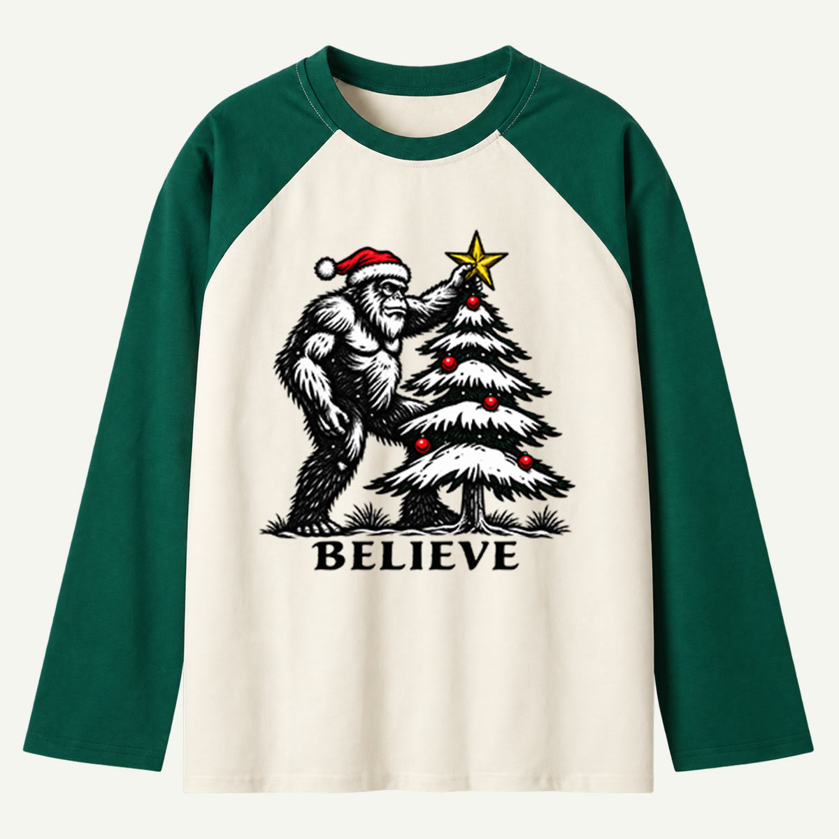 Believe Bigfoot Decorating Christmas Tree Raglan Long Sleeves