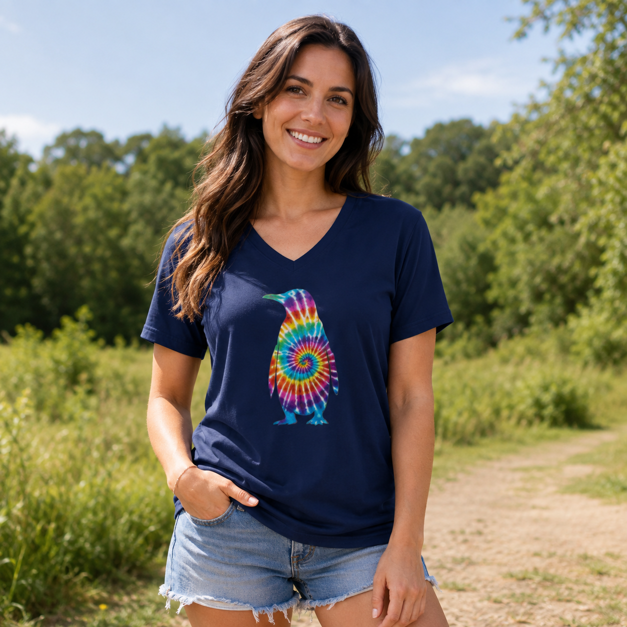 Tie Dye Penguin Retro Swirl V-neck T-Shirt