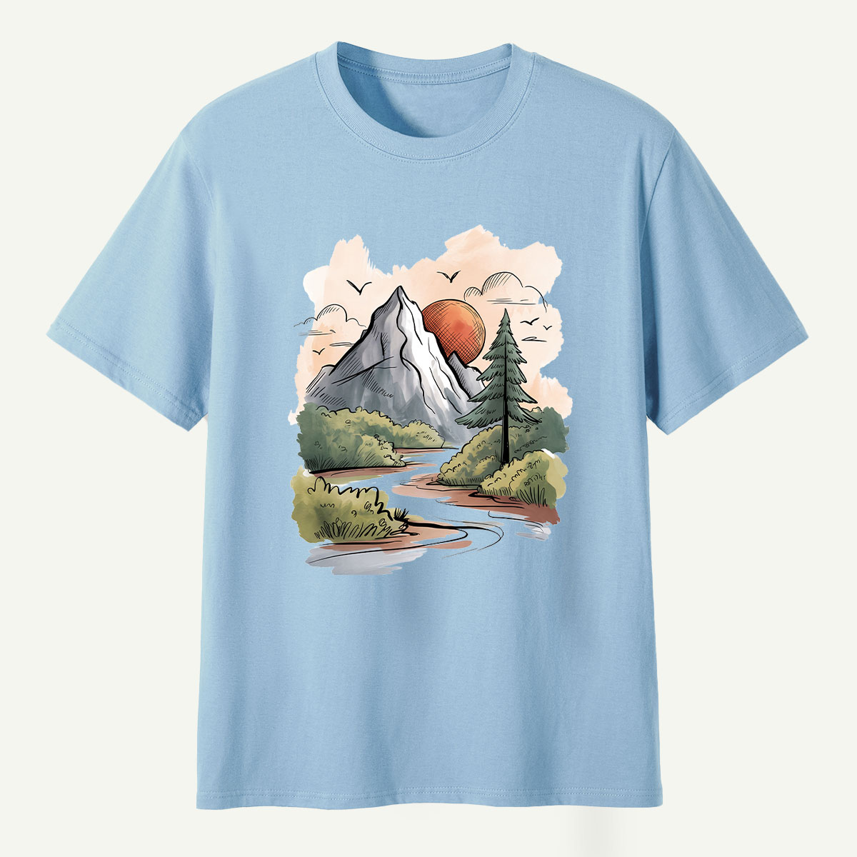 Mountain River Sunset Watercolor Landscape T-Shirt