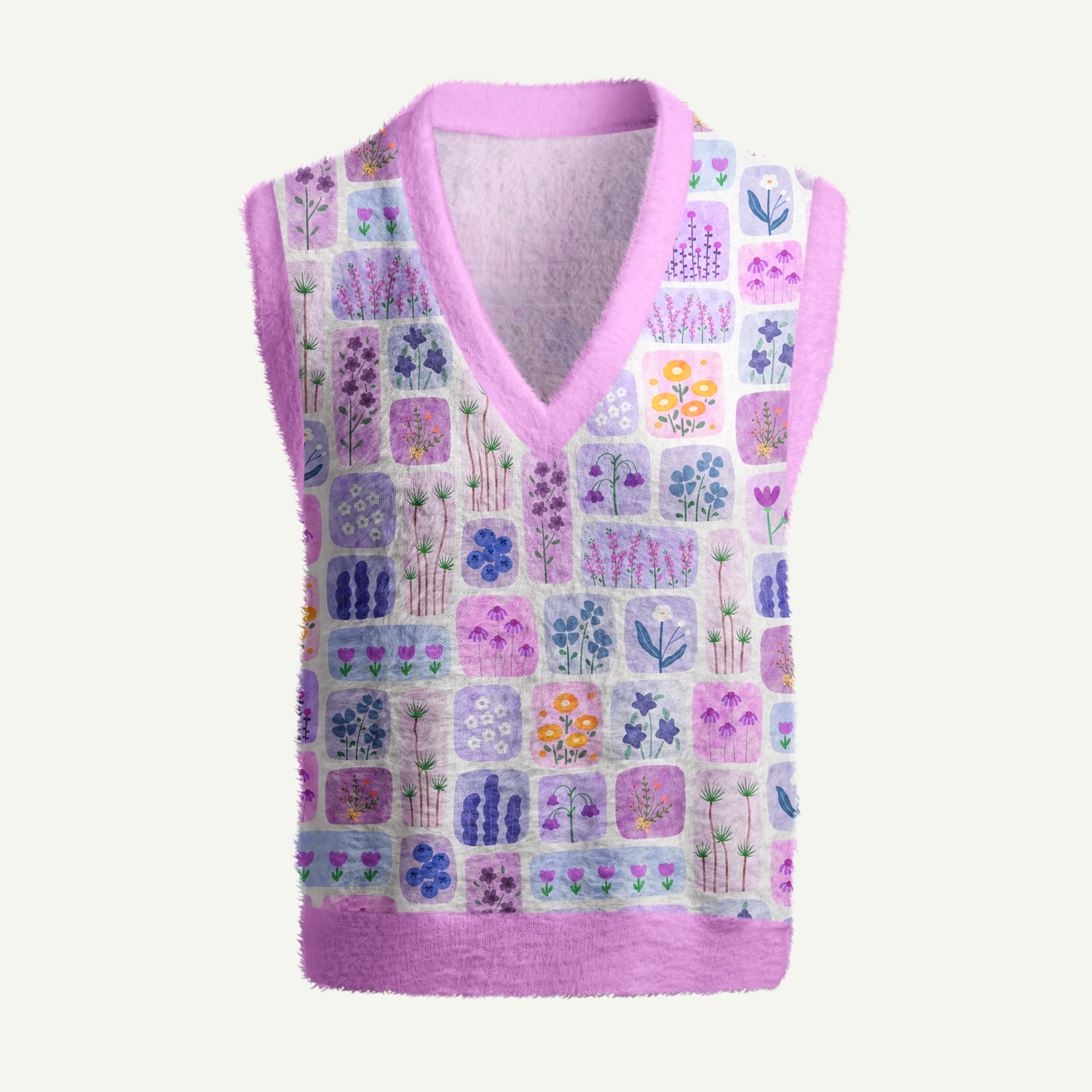 Purple Wildflower Botanical Tiles Women's Fuzzy Vest Sweater