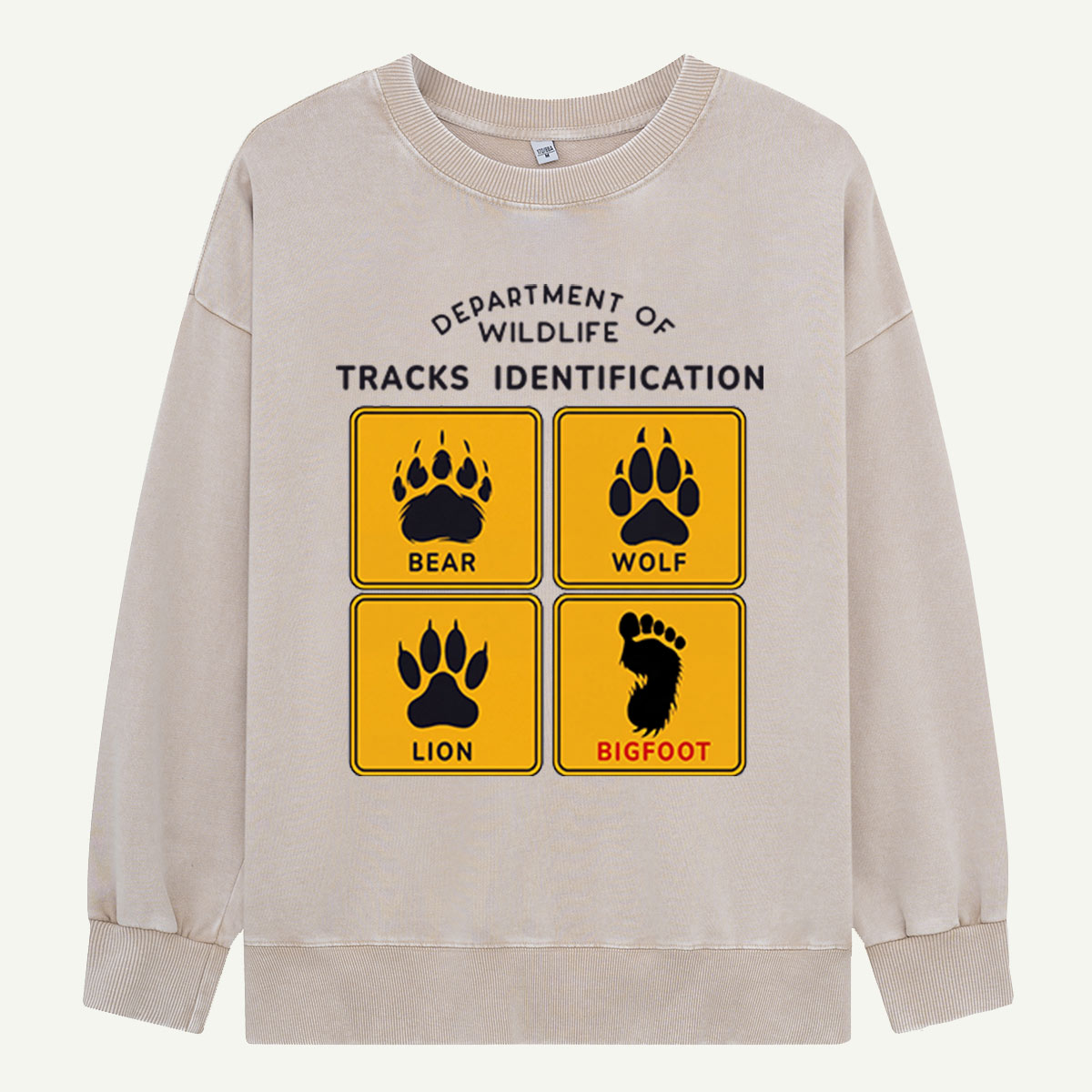Department of Wildlife Tracks Identification Bear Wolf Lion Cryptids Washed Sweatshirts