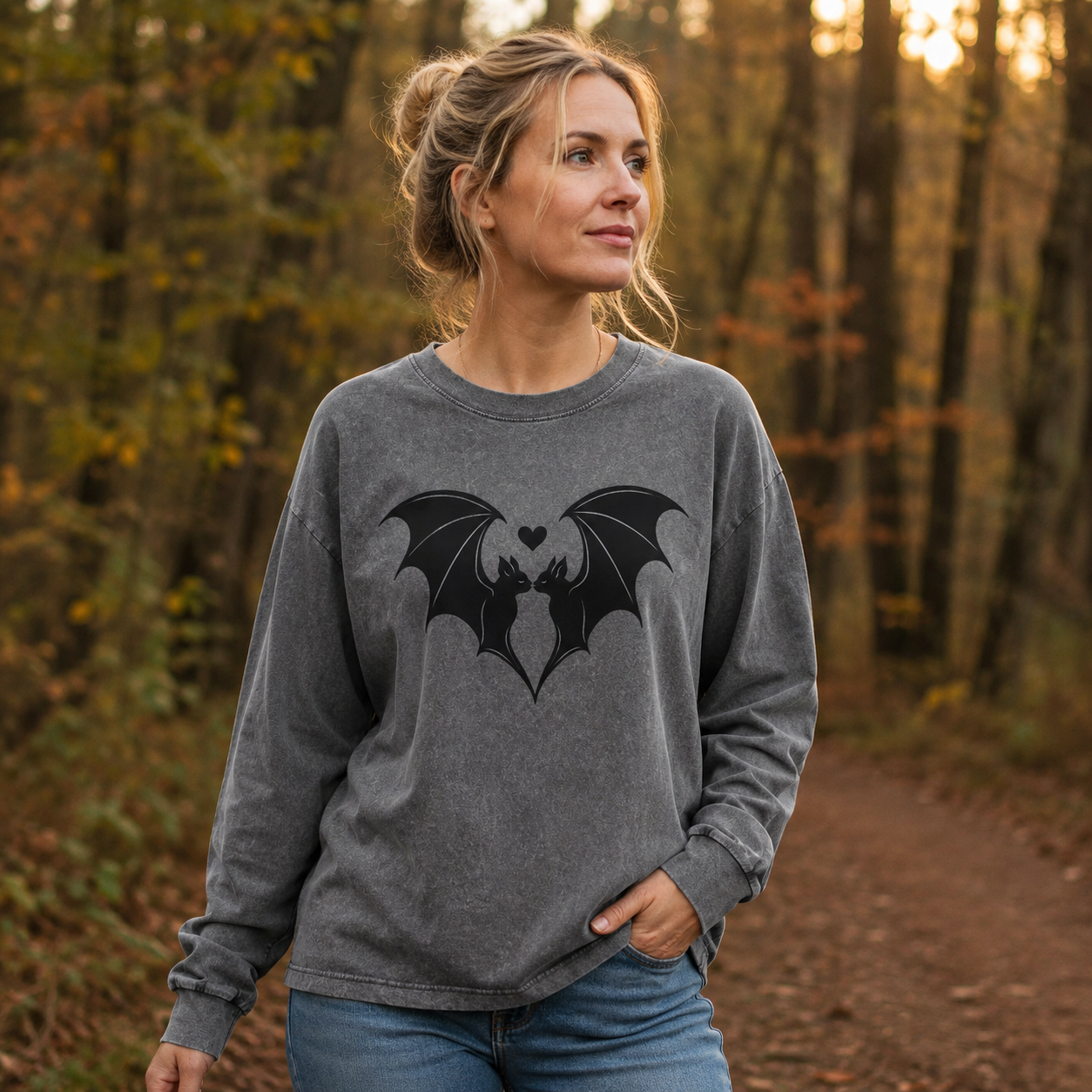 Two Bats Make One Heart Washed Long Sleeves